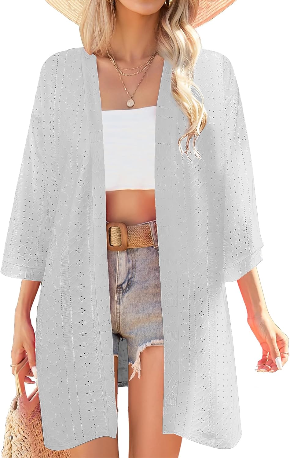 Dimur Cardigans for Women Trendy 3/4 Half Sleeve Open Front Summer Cardigan Beach Vacation Clothes Cover Ups White Kimono Large
