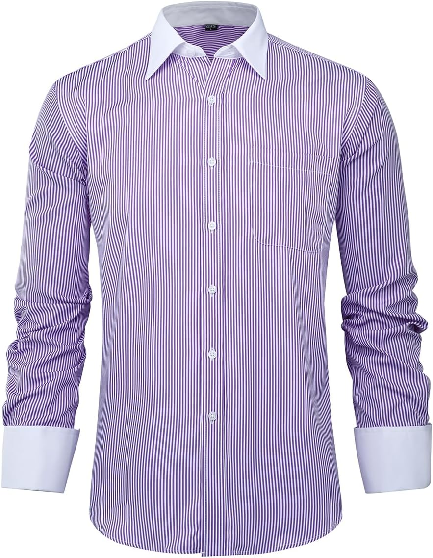 Cloudstyle Men's Dress Shirt Slim Fit Button Down Stripe Checked Shirt - Image 2