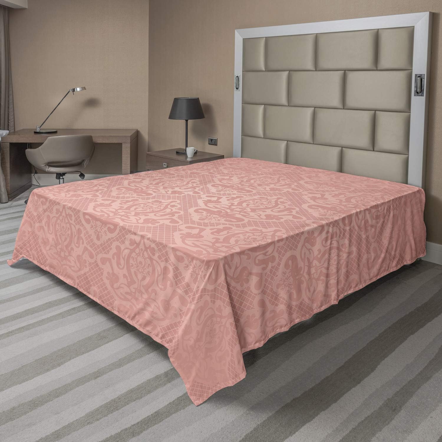 Ambesonne Peach Flat Sheet, Lace Style Background with Antique Wedding Inspiration Motifs Ornamental Vintage Design, Soft and Comfortable Top Sheet Decorative Bedding 1 Piece, Full Size, Coral