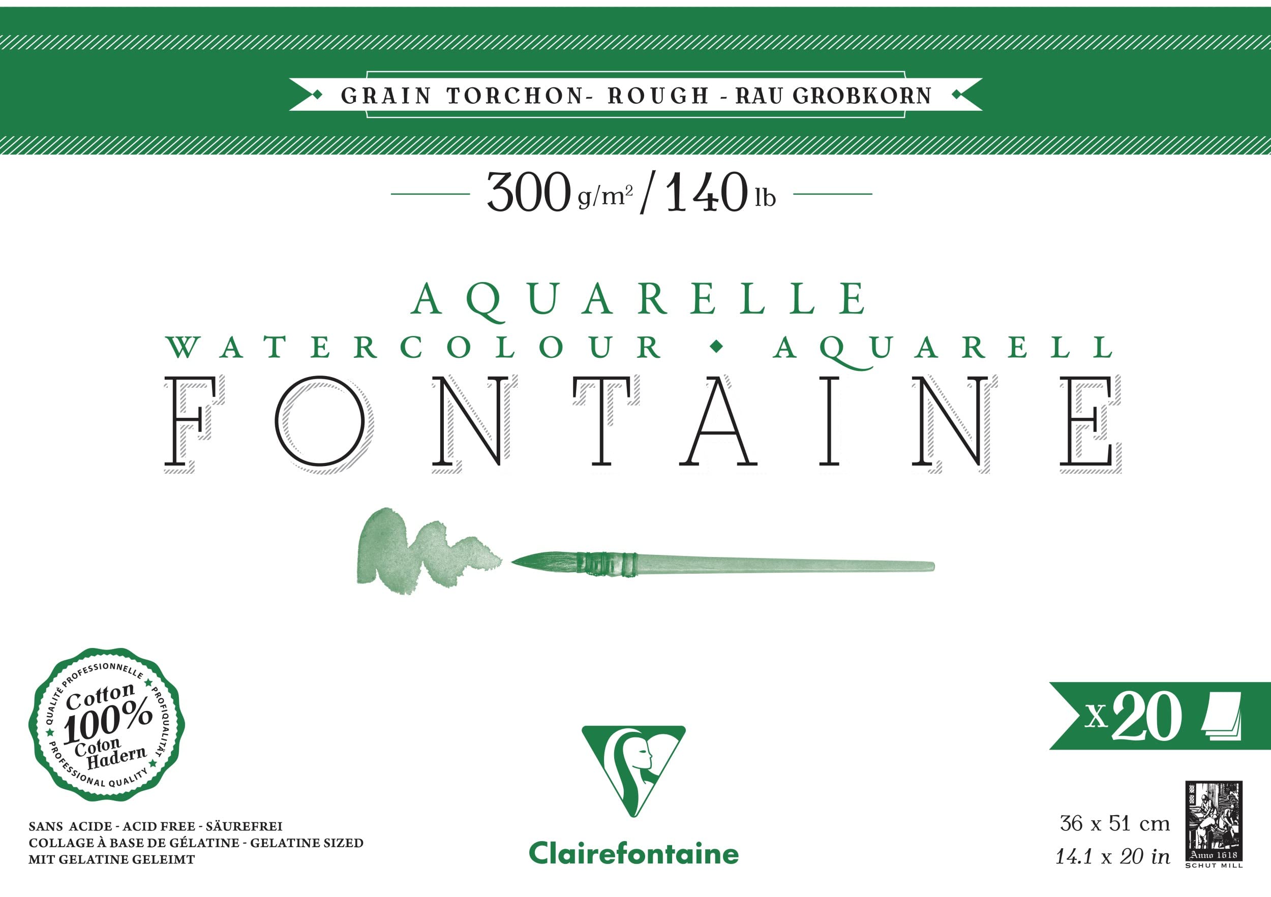 Clairefontaine 975509C Blok do akwareli klejony z 4 stron Fontaine – 20 arkuszy białego papieru akwarelowego 100% bawełna, faktura szorstka, Format 36x51 cm 300 g