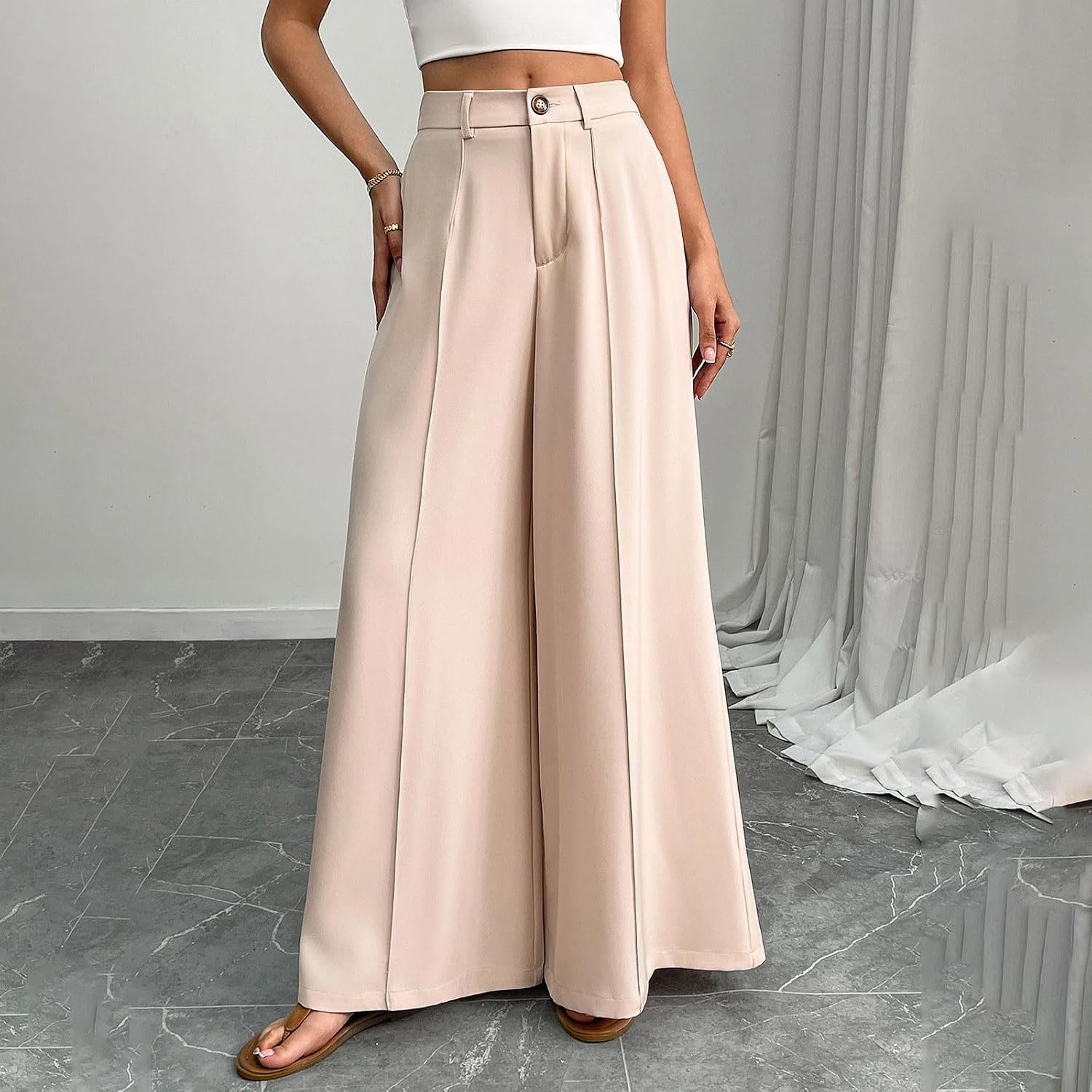 Womens Summer Wide Leg Flowy Palazzo Pants High Waist Loose Fit Trousers Business Casual Dress Pants with Pockets