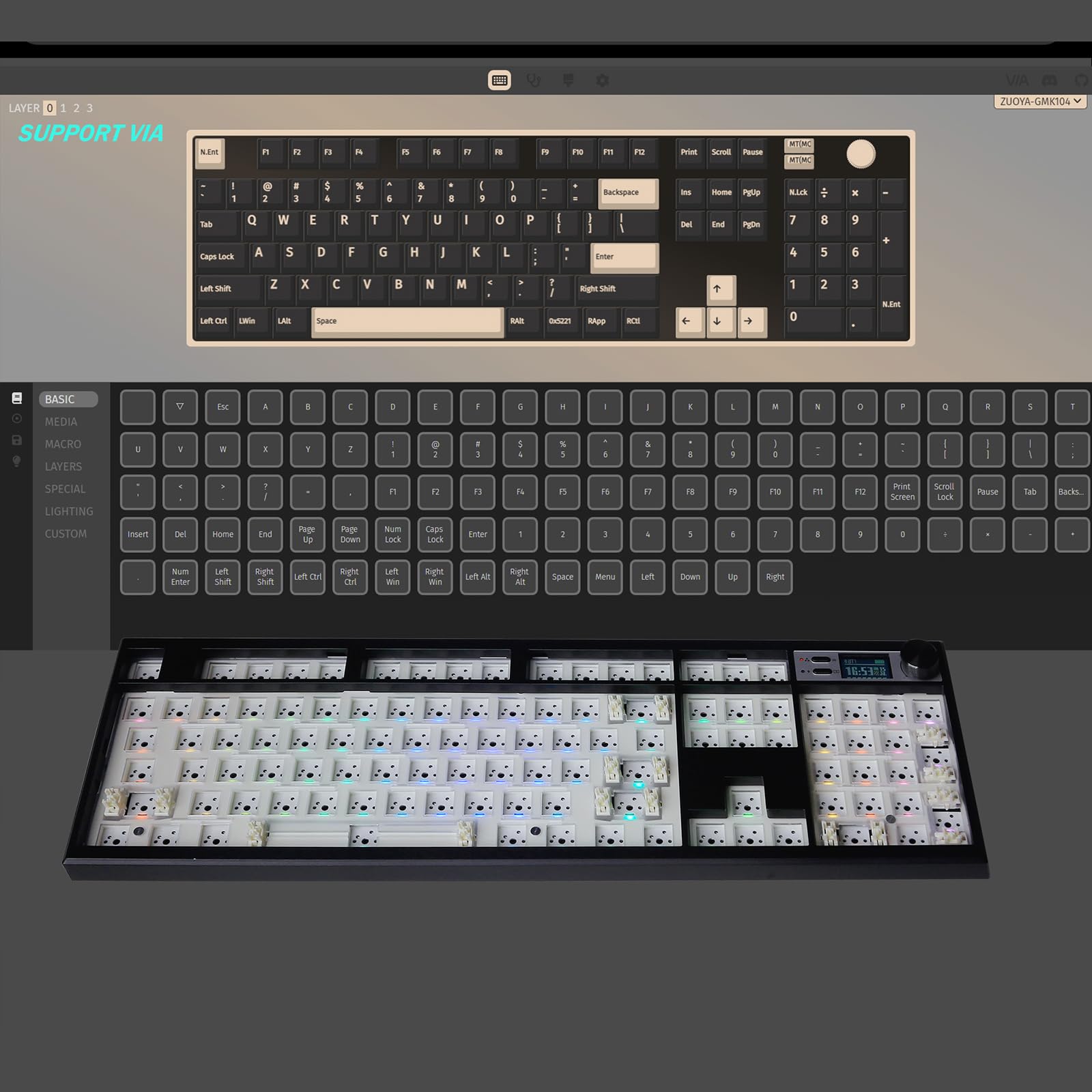 GMK104 - Kit de teclado mecánico de tamaño completo con pantalla y perilla, VIA programable HotSwap inalámbrico BT5.0/2.4G/Tipo-C montado en junta PCB Barebones personalizado, kit de bricolaje