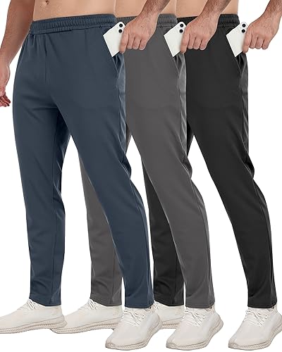 3 Pack Men's Workout Sweatpants with Pockets,Athletic Gym Tapered Joggers