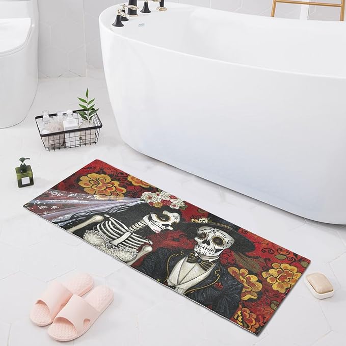 Sugar Skull Day Dead Bathroom Runner Rug, 39”L x 20”W, Absorbent Non-Slip Bath Mat, Fashion Design Machine Wash Plush Mats for Bathroom Kitchen