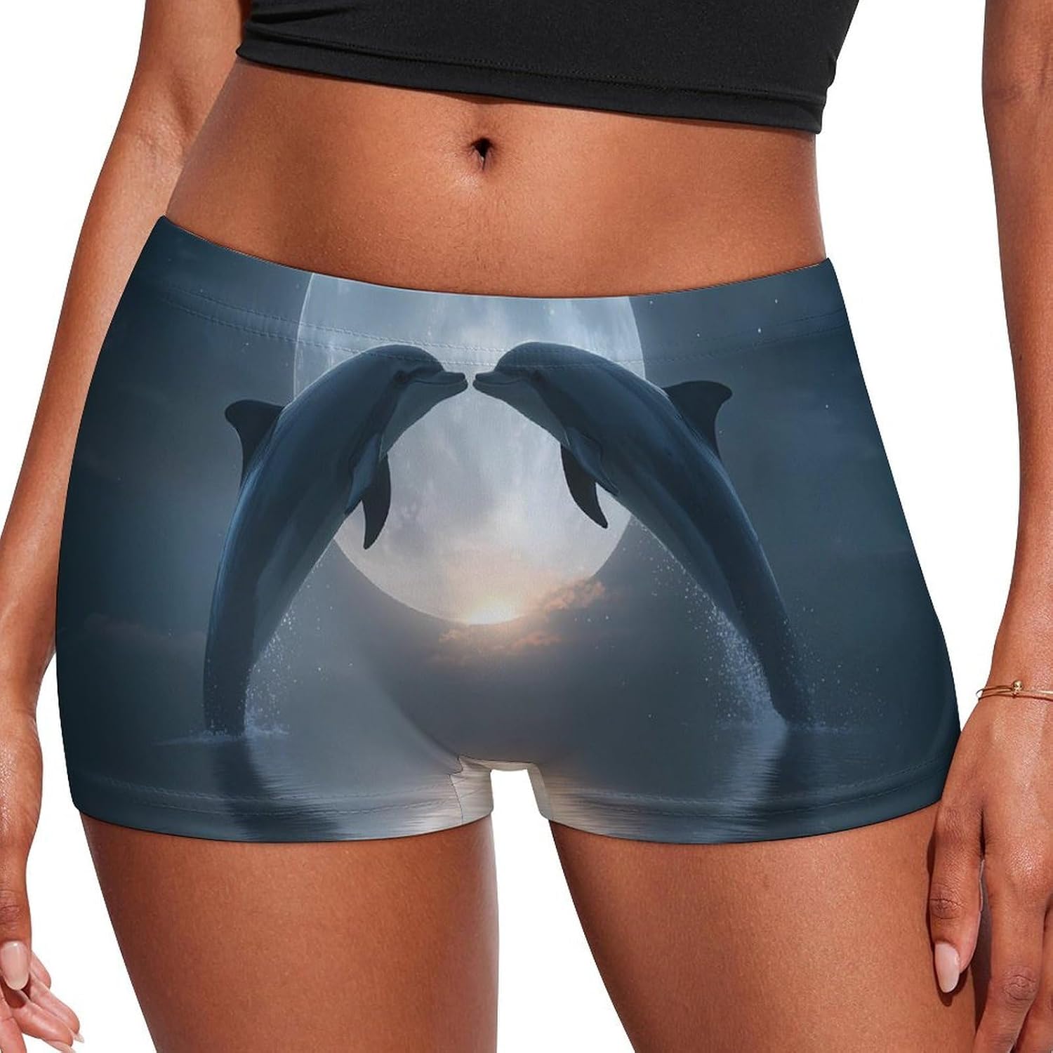Dolphins In Love Moon Funny Women's Boxer Briefs Breathable Underpants Trunks Stretch Underwear