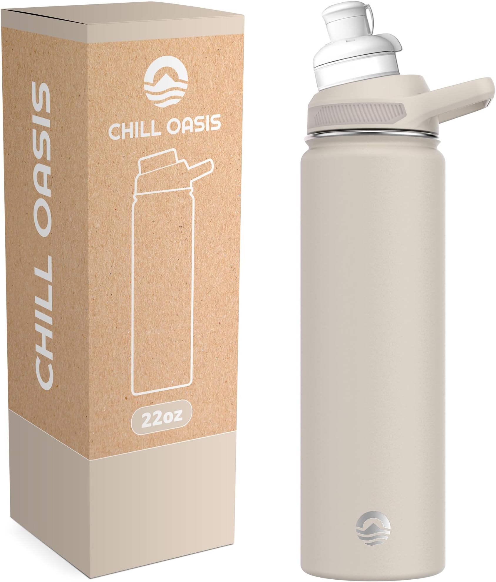 Chill Oasis Water Bottle | Compatible With Popular Flavor Cartridges | BPA Free, Leak Proof, Double-Walled Vacuum Insulated Stainless Steel, and Dishwasher Safe | Cold for 24 Hours (Beige, 22oz)