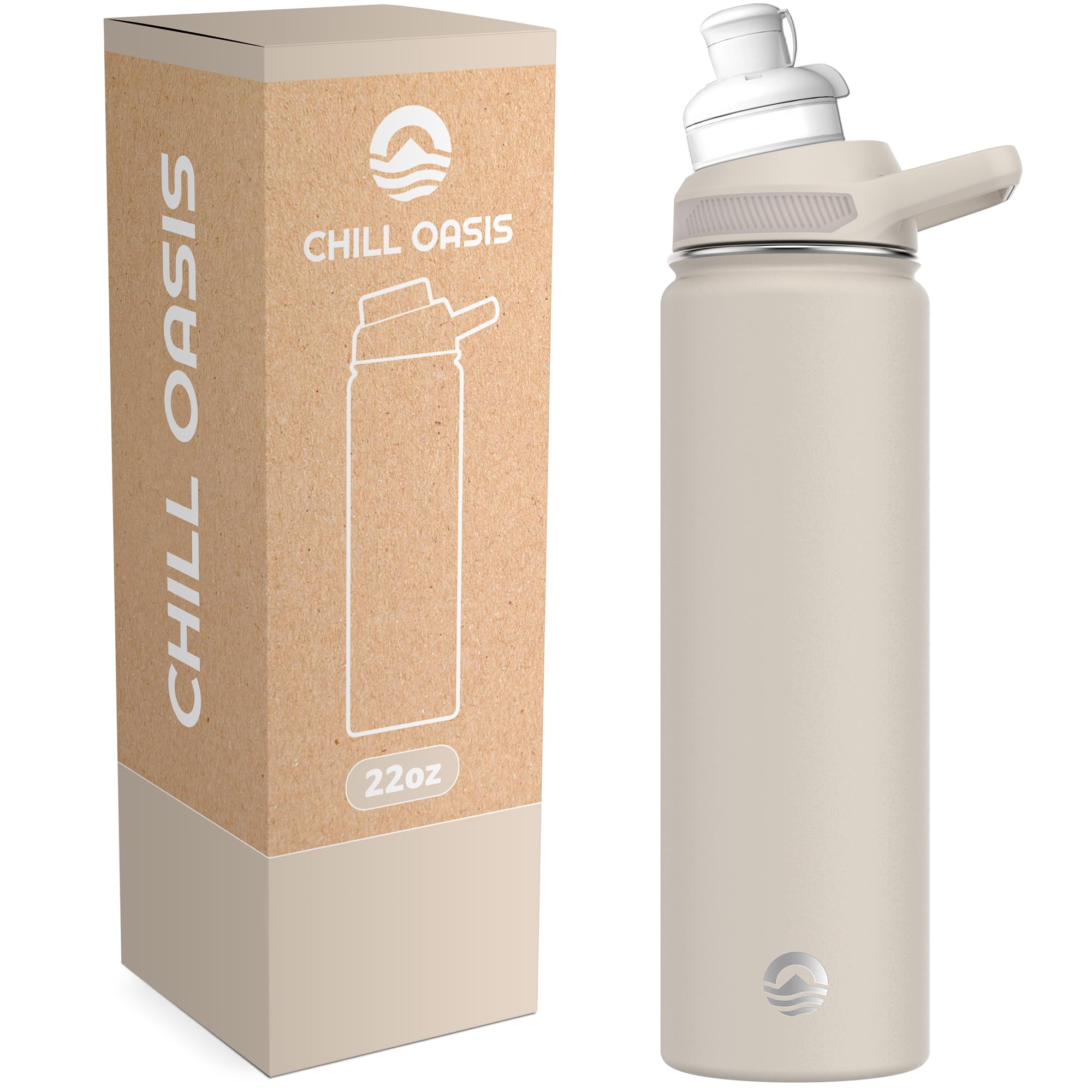 Chill OasisWater Bottle | Compatible With Popular Flavor Cartridges | BPA Free, Leak Proof, Double-Walled Vacuum Insulated Stainless Steel, and Dishwasher Safe | Cold for 24 Hours (Beige, 22oz)