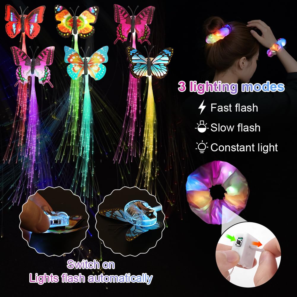 URAQT LED Light Up Elastic Hair Bands,6PCS Luminous Hair Ties,6PCS Butterfly Flashing Fiber Optic Hairs Braid with Clips,Light up Hairs Accessories for Halloween Rave Glow Party - Image 3