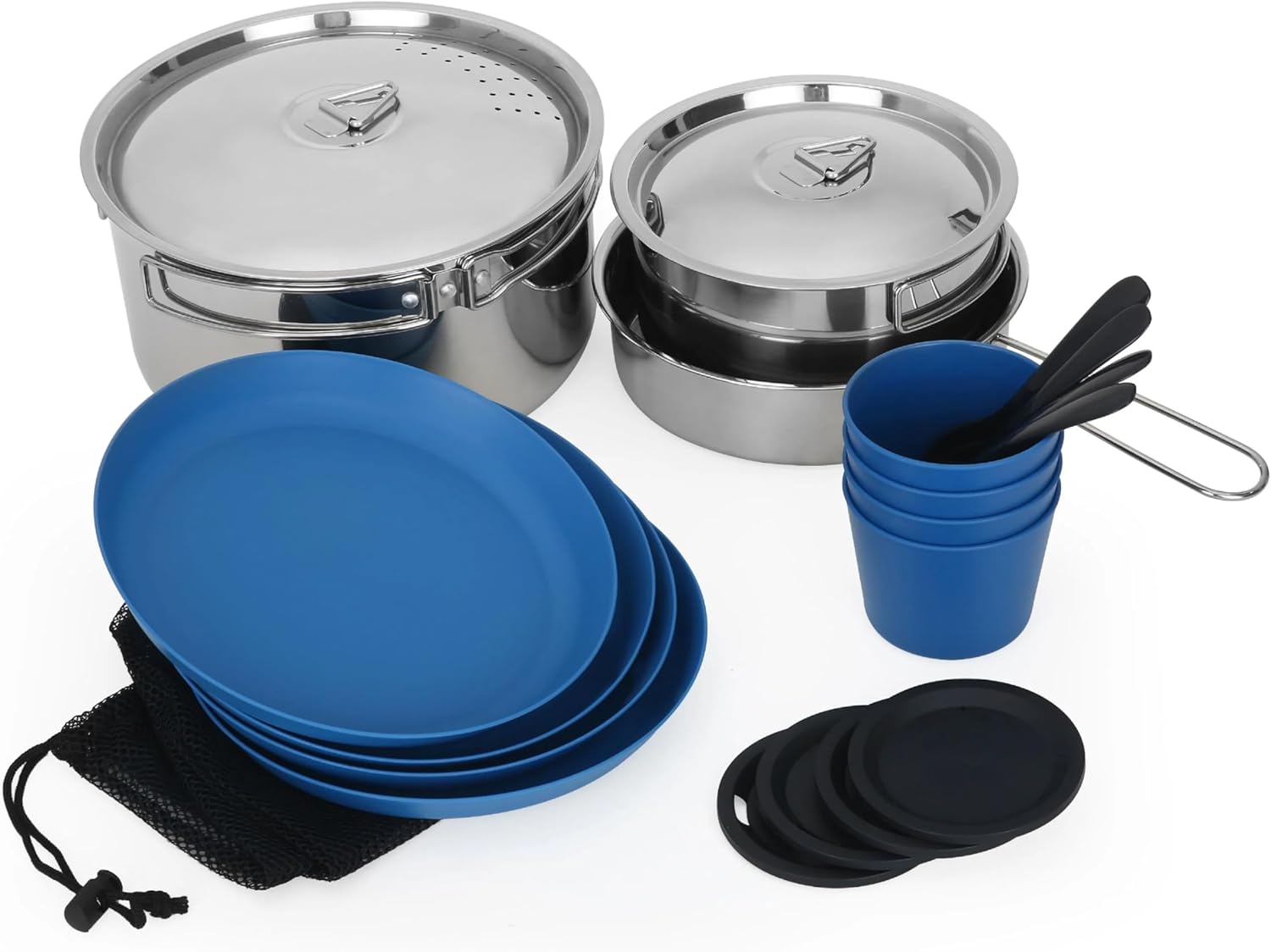 Outdoor Camping Cookware Set 22 Pieces Nonstick Camping Cooking Set with Pot, Pan, Plate, Cup, Tableware and Storage Net Bag for 4 Picnic Hiking