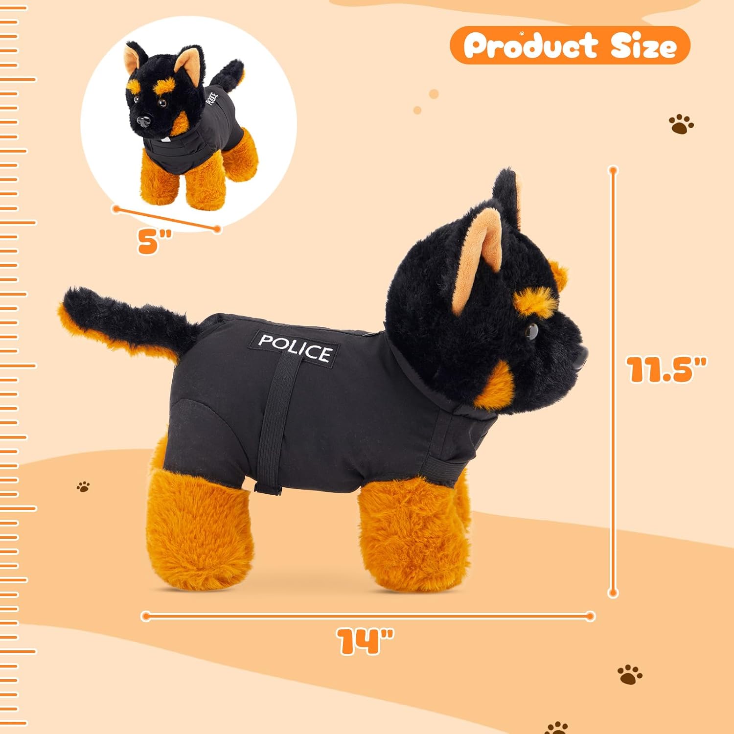 Plush German Shepherd Police Dog Stuffed Animal with Black Vest, Dog Plush Toy, Gift for Kids