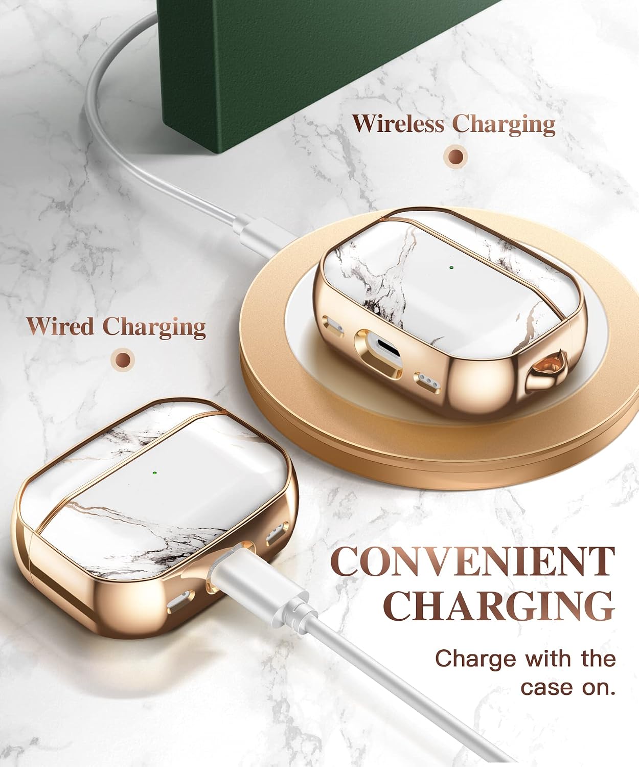 GVIEWIN for AirPods Pro Case, Marble Full Body Protective Hard Shell Women Cover with Wrist Strap for Airpods Pro Case(2019) [Front LED Visible] (White/Gold)