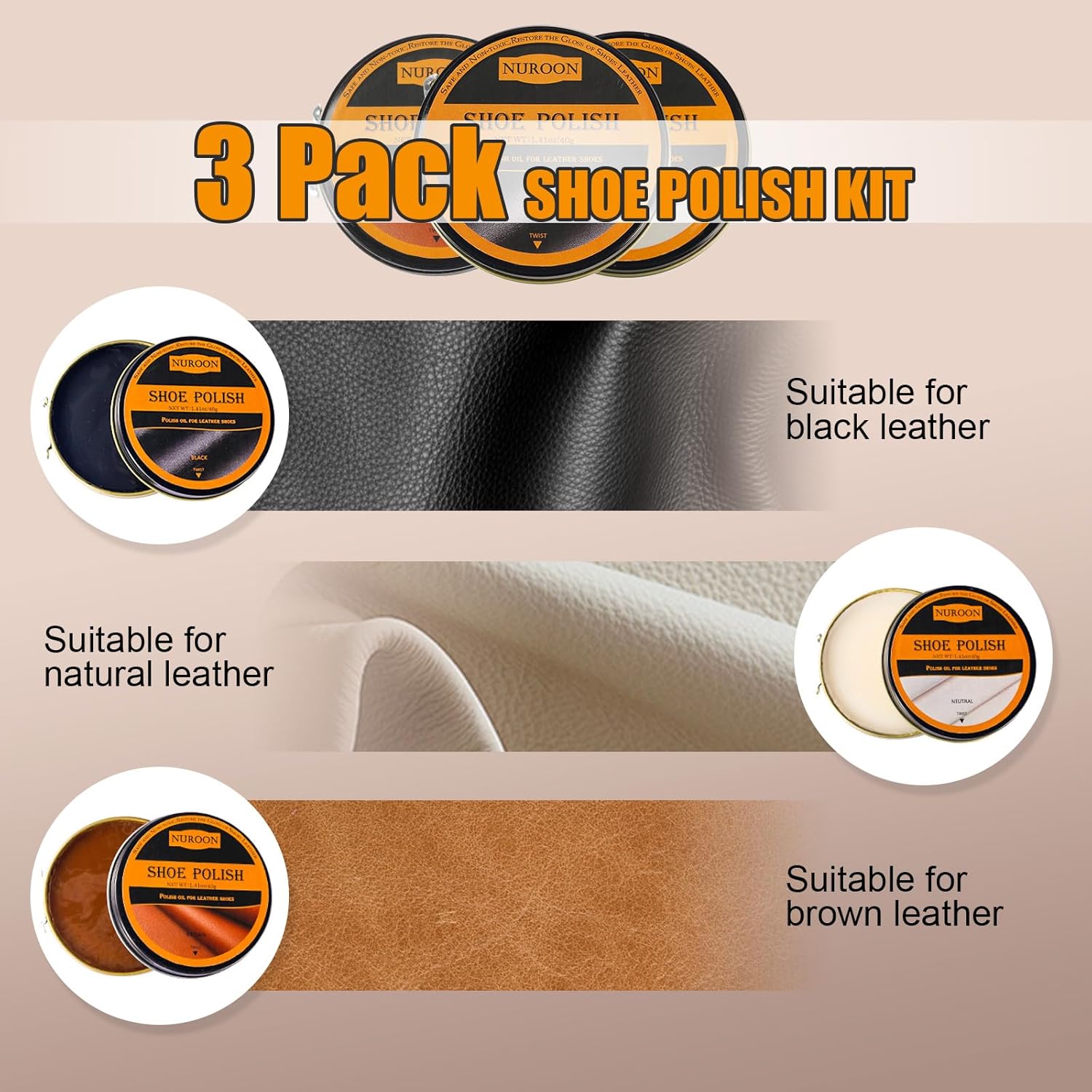 9 Pcs Shoe Polish Kit for Men & Women, 3 Pcs Horsehair Shoe Brushes, Brown Neutral Black Shoe Polish - Image 5