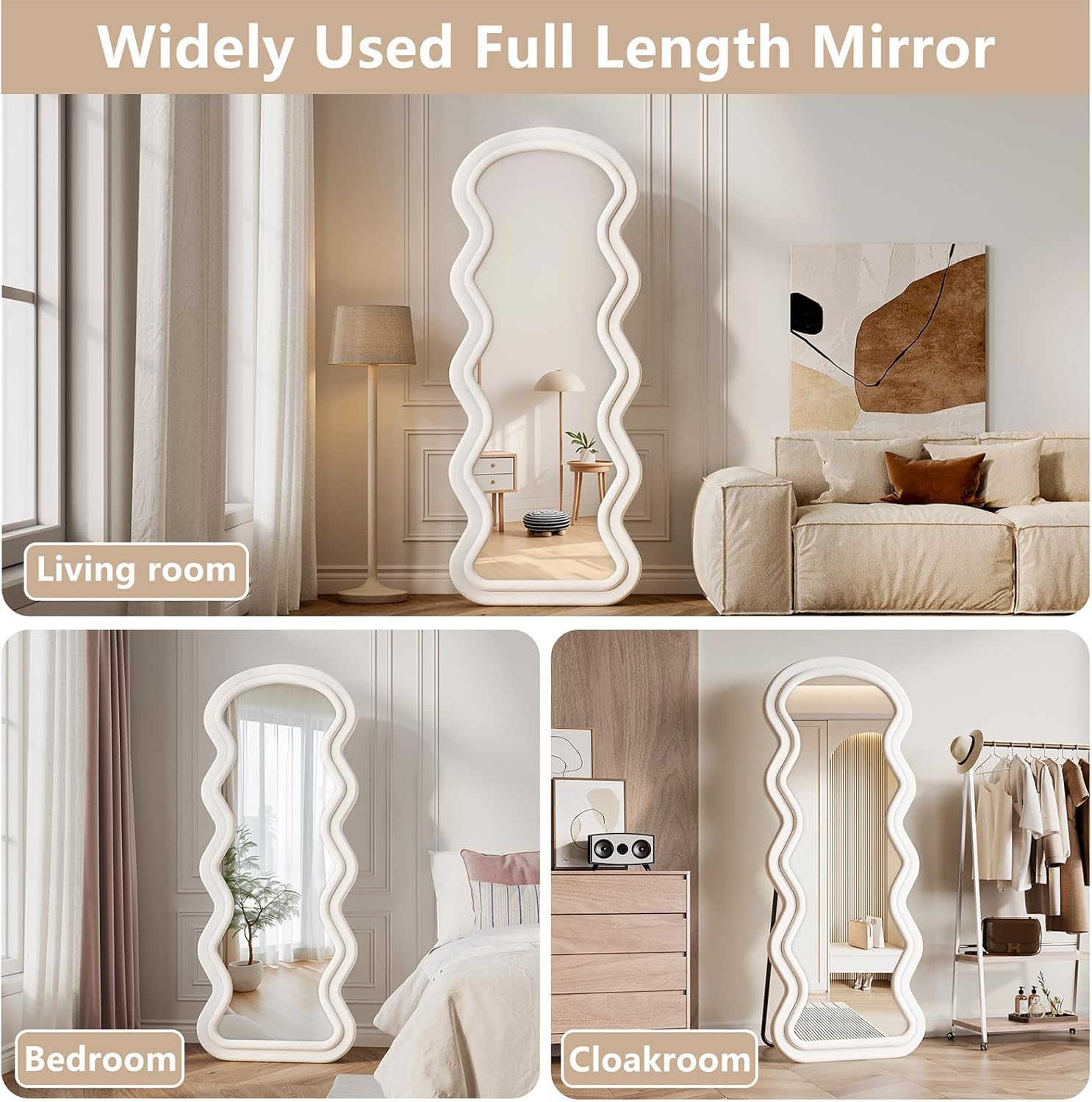 Full Length Mirror, 63"x24" Wavy Full Body Freely Standing Mirrors, Flannel Floor Mirror with Stand for Bedroom, Living Room, Hanging Leaning Wall Mirror Modern Home Decor