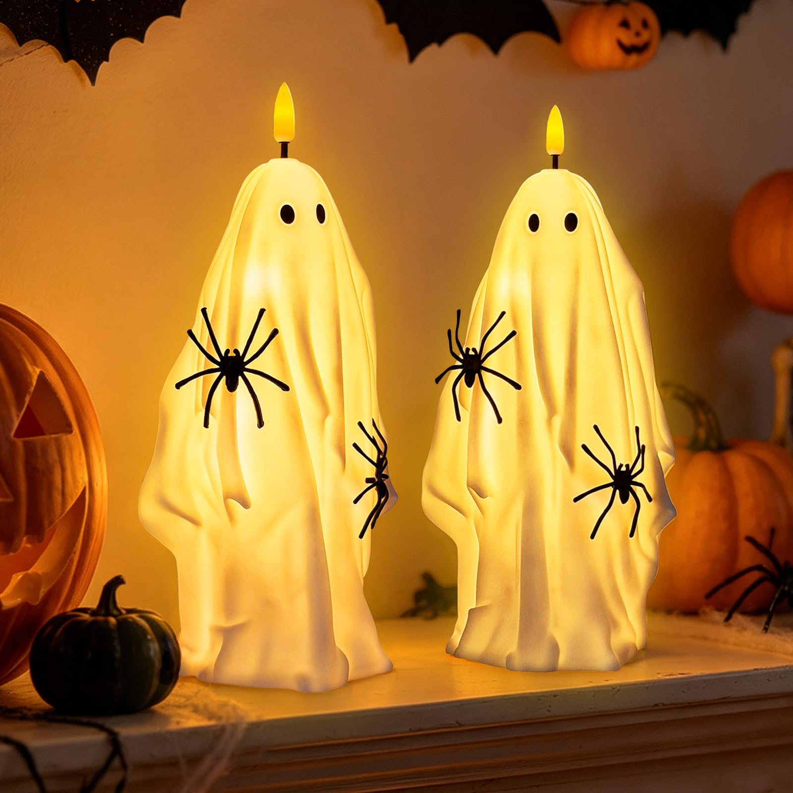 Halloween Kerzen LED Flammenlose, Halloween Deko Innen Outdoor Deko Tisch | 2 Stück Batteriebetrieben Flackernde Geister Helloween Kerze LED, 23cm x 8.5cm Stumpenkerzen für Party Tischdeko Herbstdeko