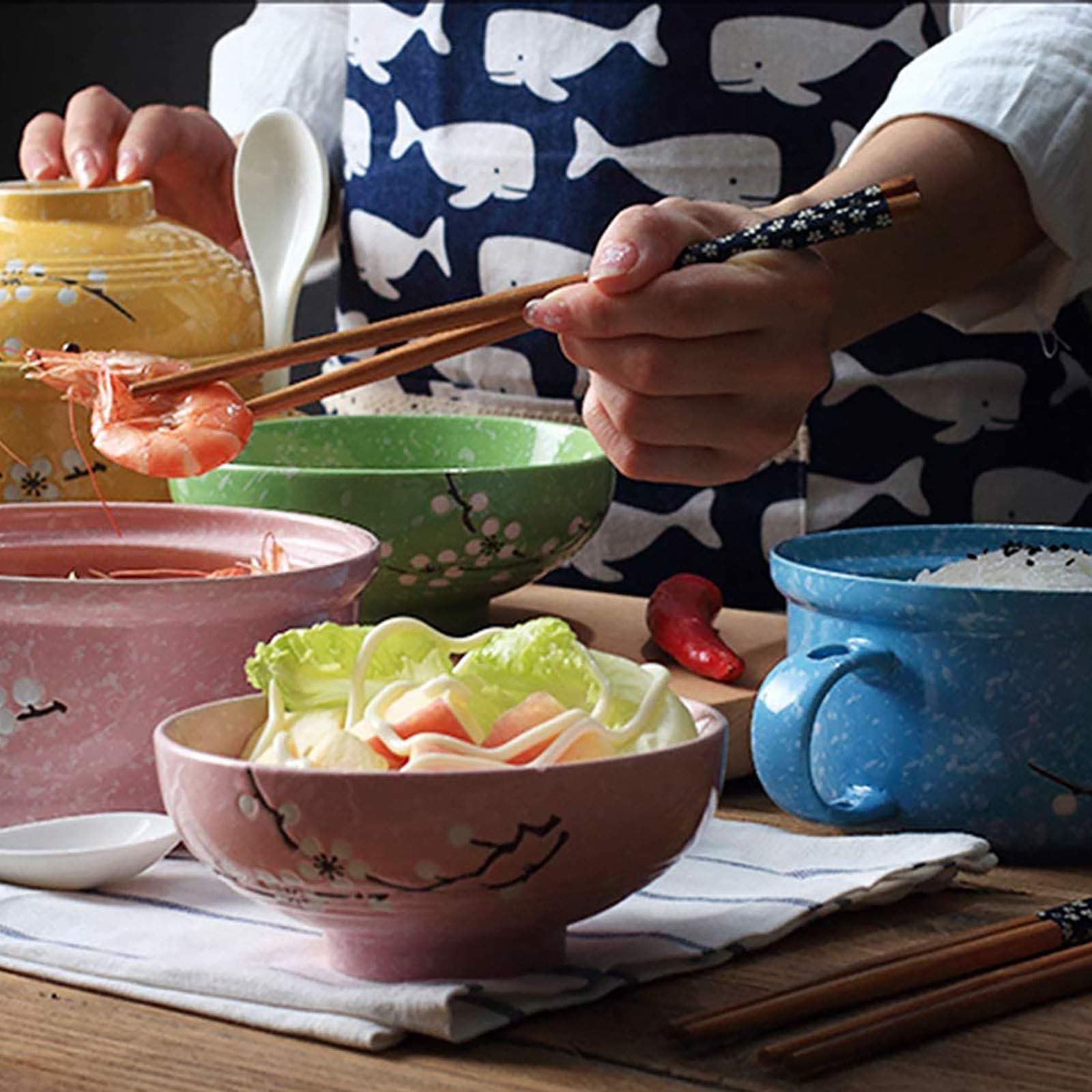 Suppenschüsselgriff im japanischen Stil Instant-Nudeln mit großer Kapazität Keramikblau-Grün