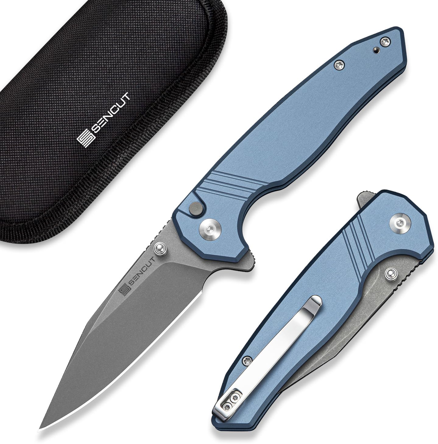 SENCUT Selkyris Pocket Knife, Folding Knife with Aluminum Handle, 3.36'' Blade EDC Knives for Outdoor Camping Gifts S25068-2(Gray)
