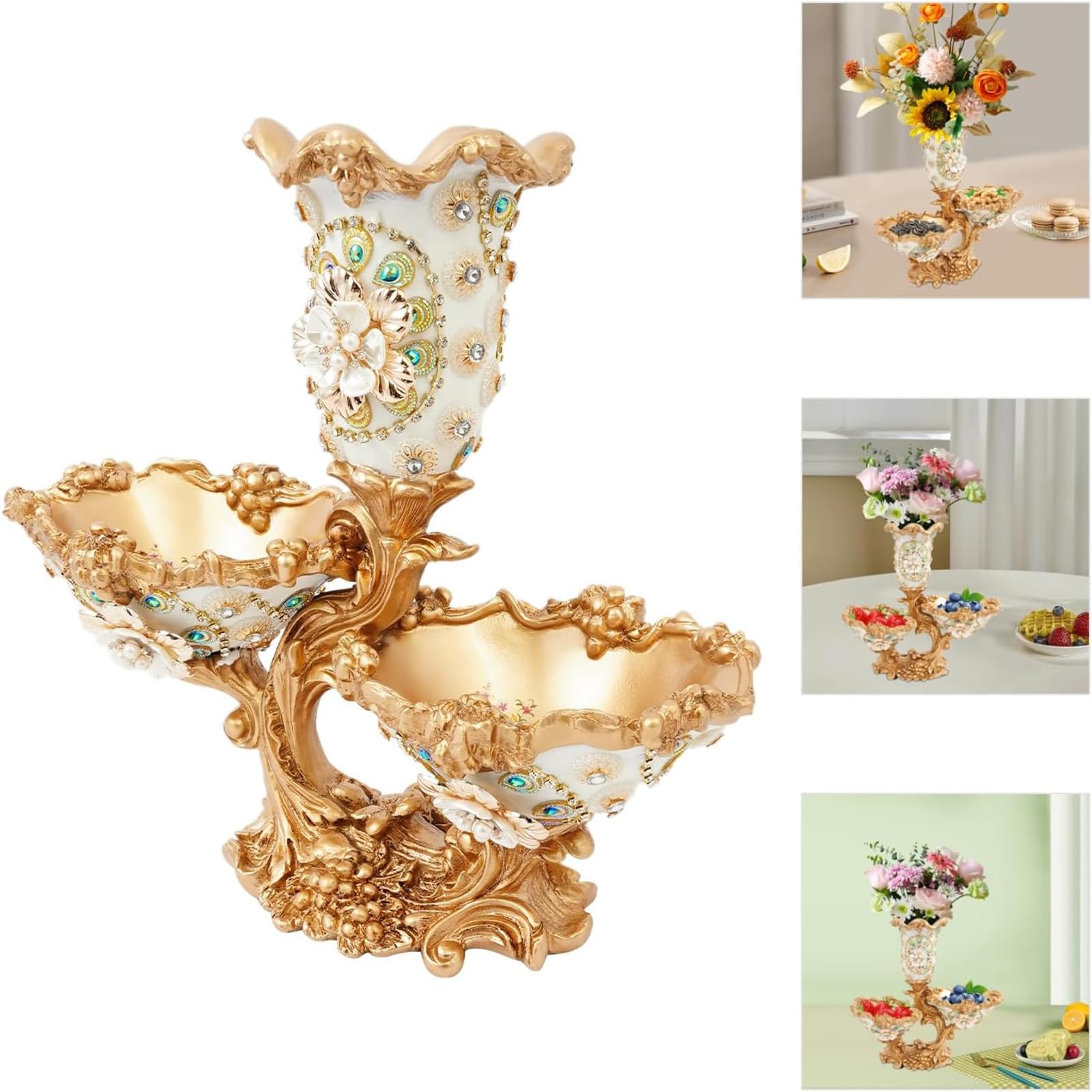 Vaso in resina con vassoio per frutta a 2 ripiani, vassoio per frutta floreale con 6 fiori artificiali, centrotavola per casa, soggiorno, sala da pranzo, hotel