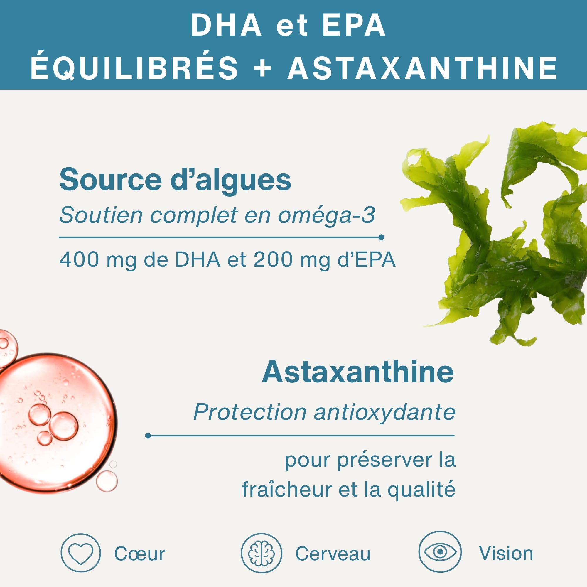Igennus Oméga-3 Vegan Hautement Concentré À Base D'Huile D'Algues Avec Astaxanthine, Testé En Laboratoire, Ultra Pur Et Durable, Pour Le Soutien Du Cerveau Et Des Yeux, 180 Petites Capsules Molles