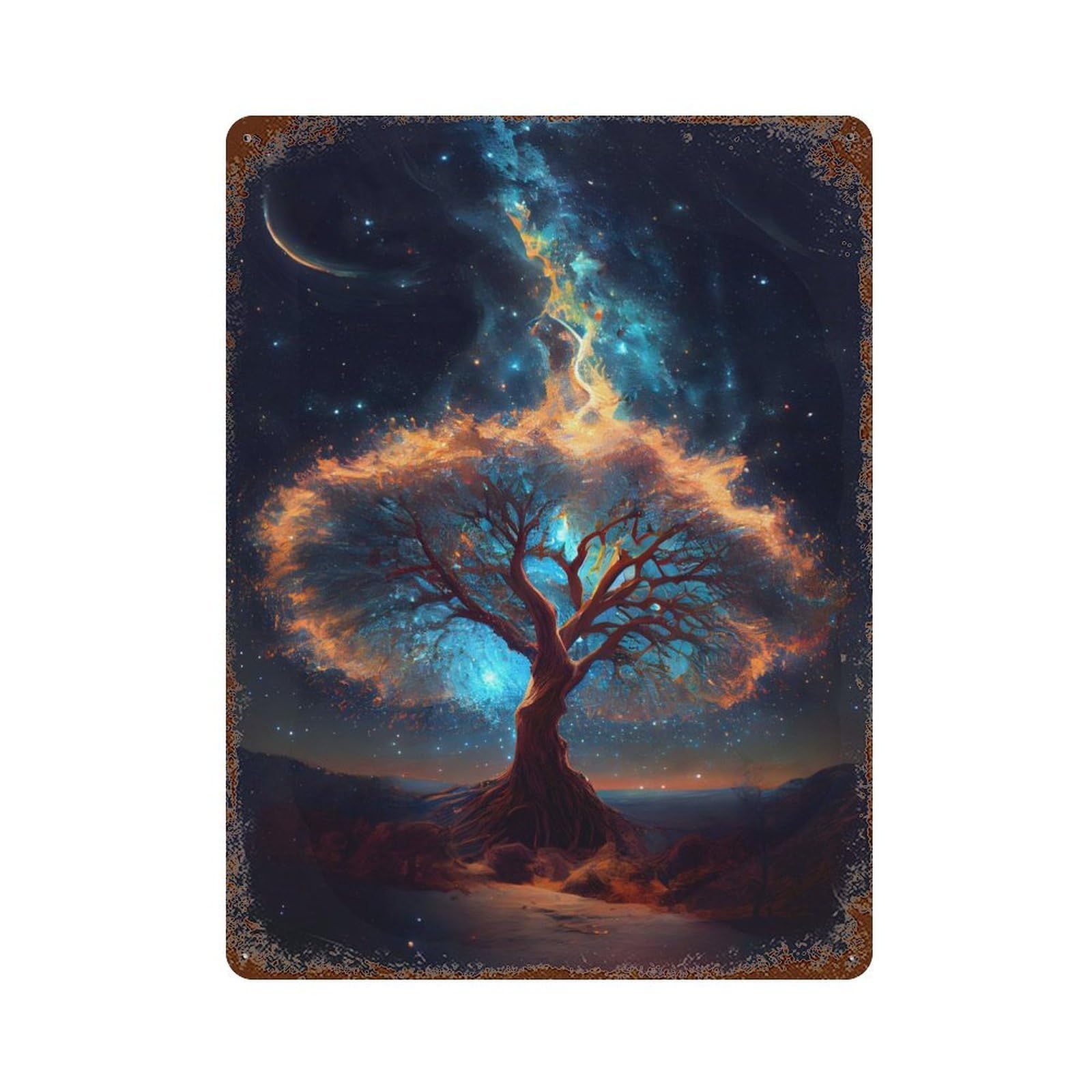 Fantasy Space of Tree 15.7"x11.8" Aged Metal Wall Plaque, Retro Wall Decor for Farmhouse, Kitchen And Entryway Decor