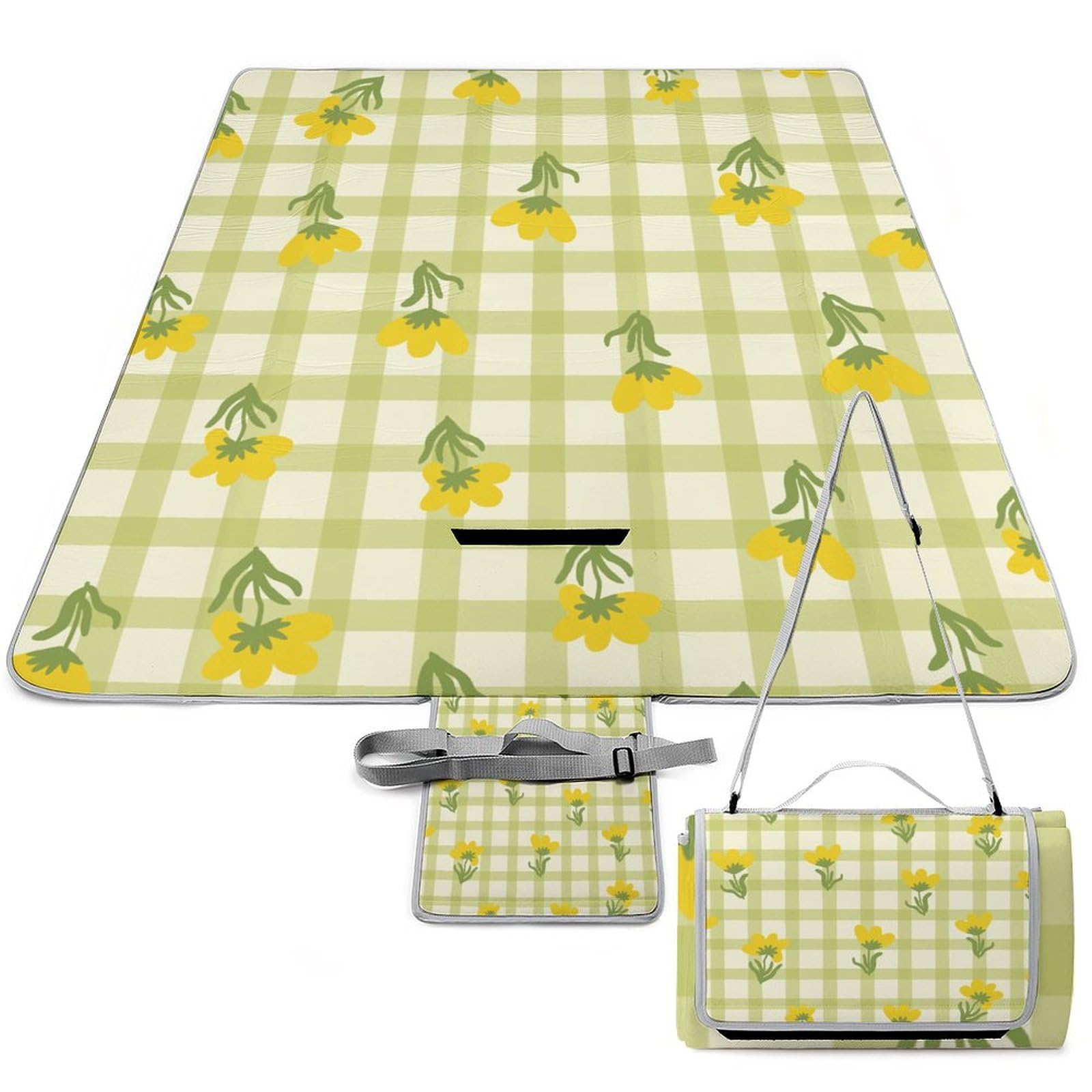 3D Impression Checked Fleurs Yellow for Women and Girls Couverture Pique Nique Tapis Pique Nique Nappe Picnic Couverture De Pique-Nique pour Camping, Parc, Jardin 148x148cm
