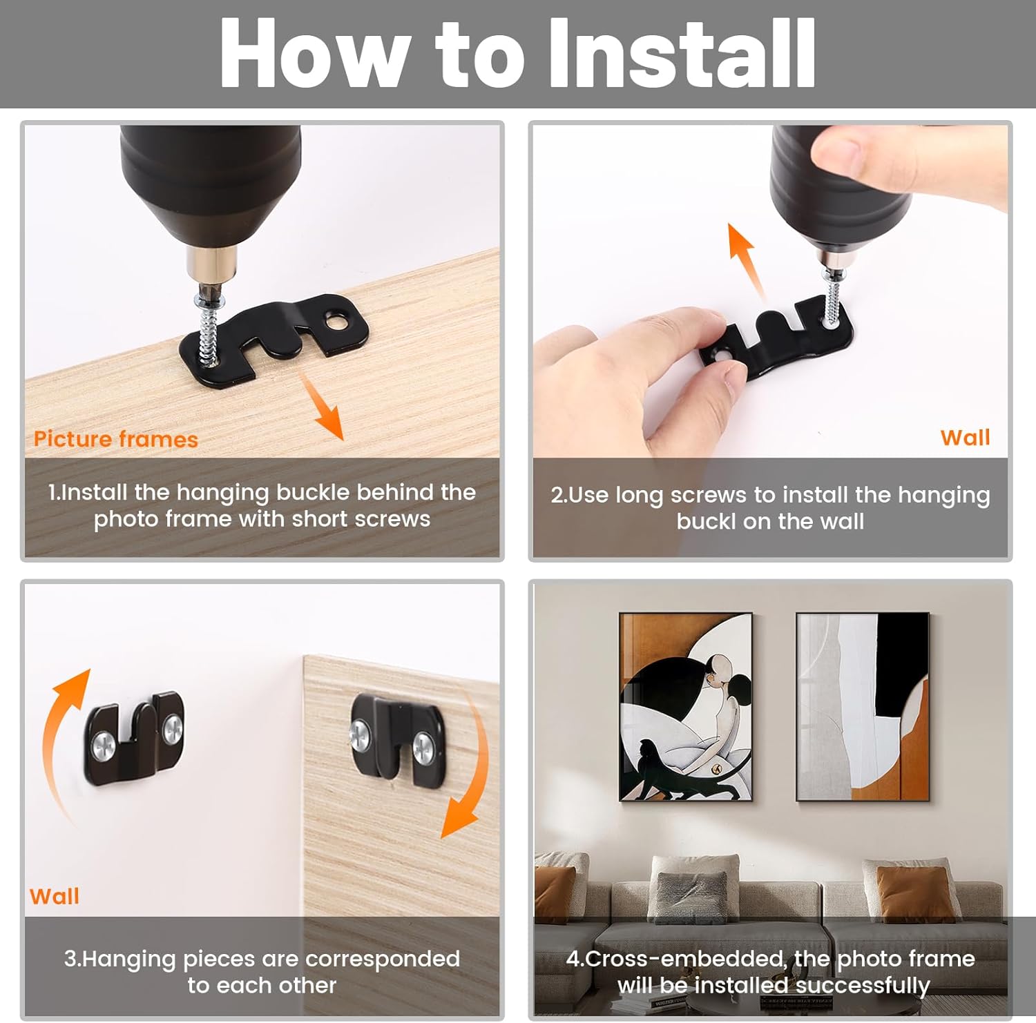 5 Pairs Flush Mount Bracket, Interlocking Heavy Duty Picture Hangers with Screws, Wall Mount Hardware Photo Frame Hook Furniture Connector for Headboard Mirrors Art Gallery (Black, Small)