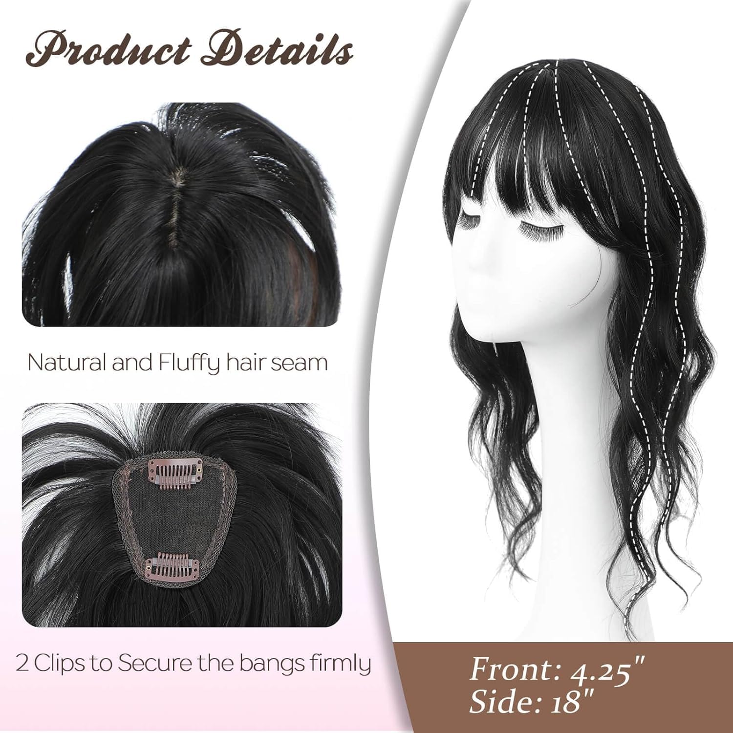 Fine Plus 360° Cover Clip in Fringe Hair Extensions - Wavy Bangs with Temples for Women - Natural Black Daily Wear - Image 3