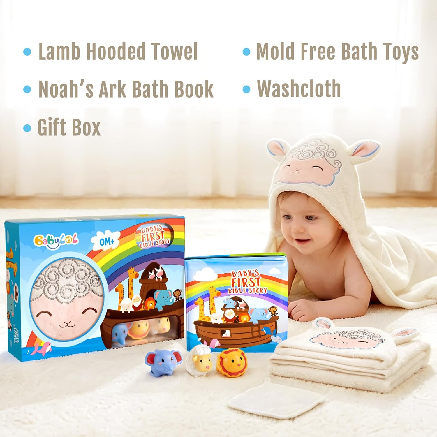 Noah's Ark Baptism Gifts, 7-Piece Christening Gift Set with Hygienic Sealed Bath Toys, Soft Hooded Lamb Towel, Storybook & Washcloth for Newborn Dedication, Baby Shower & Religious Gift