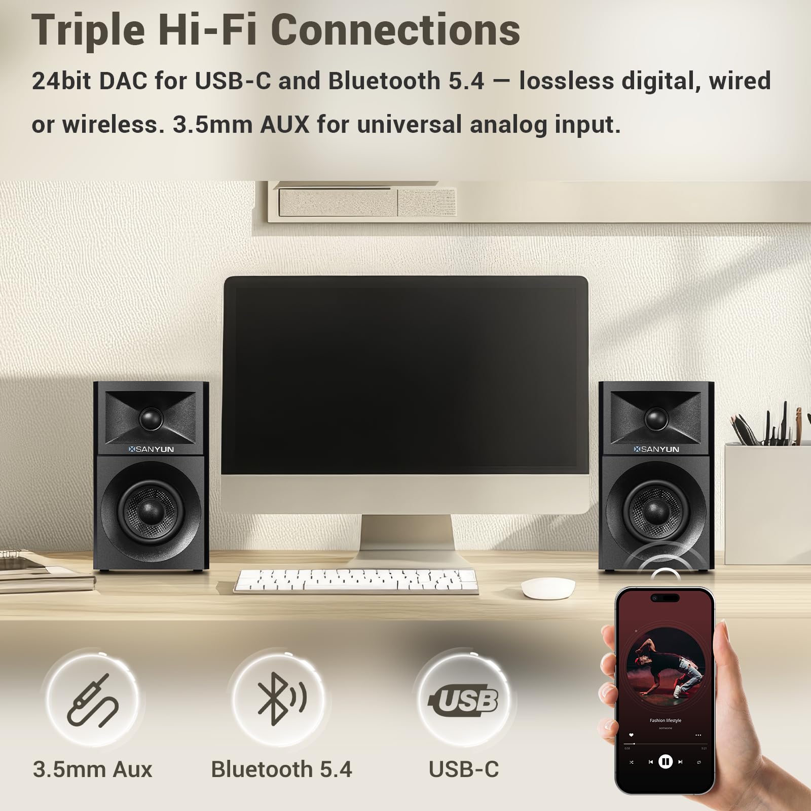 Sanyun SW203 2.0 Altoparlanti per computer desktop - Stereo 3D a campo vicino con imaging verticale - 60W Triple-DSP Doppia unità indipendente - DAC USB-C 24bit Bluetooth 5.4 AUX, HiFi per PC da gioco
