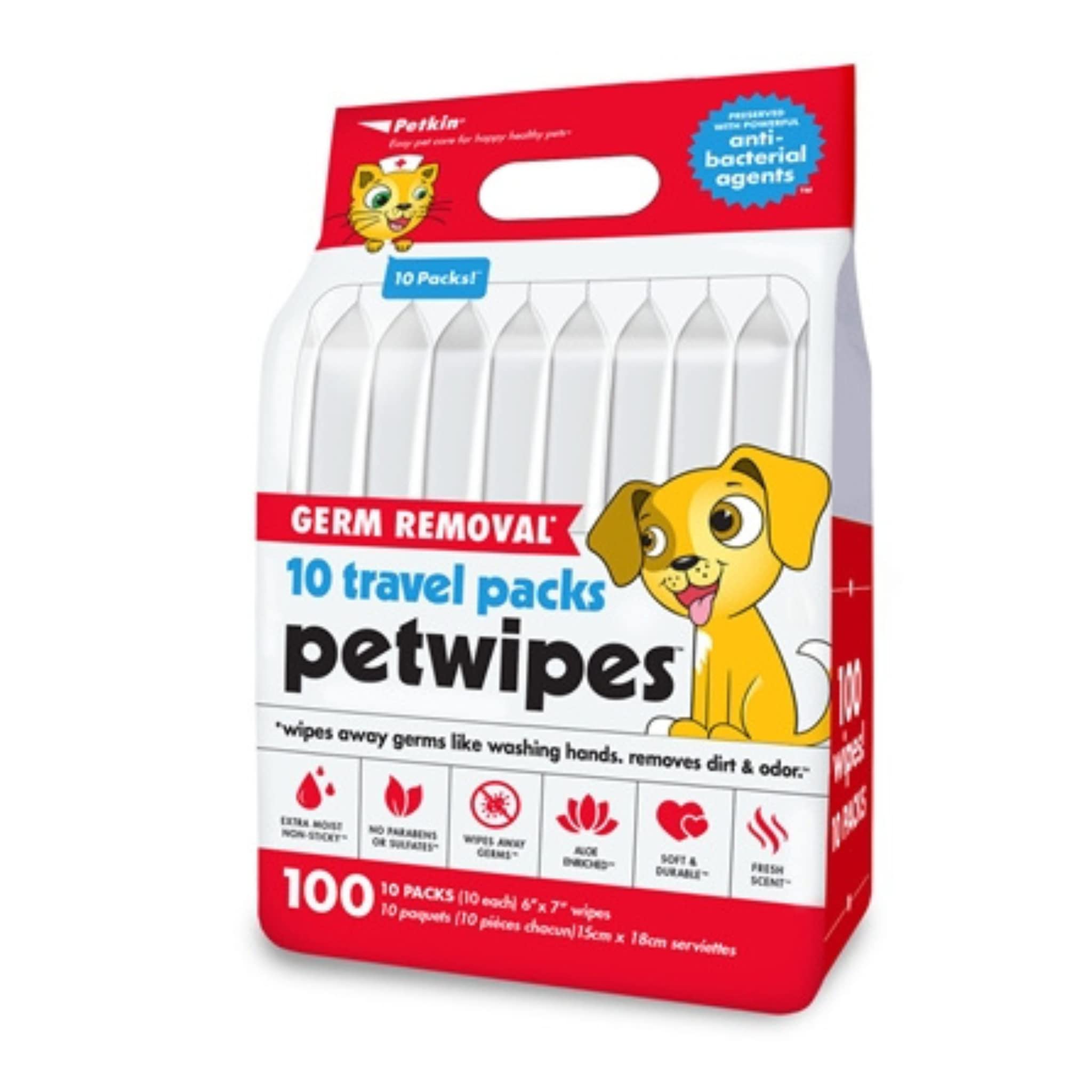 Petkin Germ Removal Pet Wipes Travel Pack - Removes Dirt and Oder | Extra Moist | Fresh Sent Super Convenient, Ideal for Home or Travel- 100pcs (10 Packs) (B0B4JRTWHH) Amazon Price History, Amazon Price Tracker