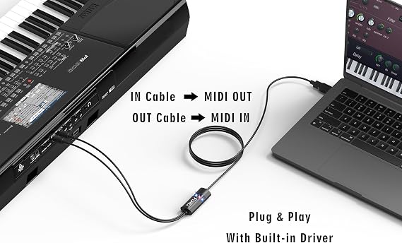 FORE MIDI to USB Interface Compatible with USB Type-A MIDI Cable with Input&Output Work with MIDI Keyboard/Synthesizer/MIDI Deivce Compatible with iOS&Android, Windows/Mac OS Black - 6.5Ft