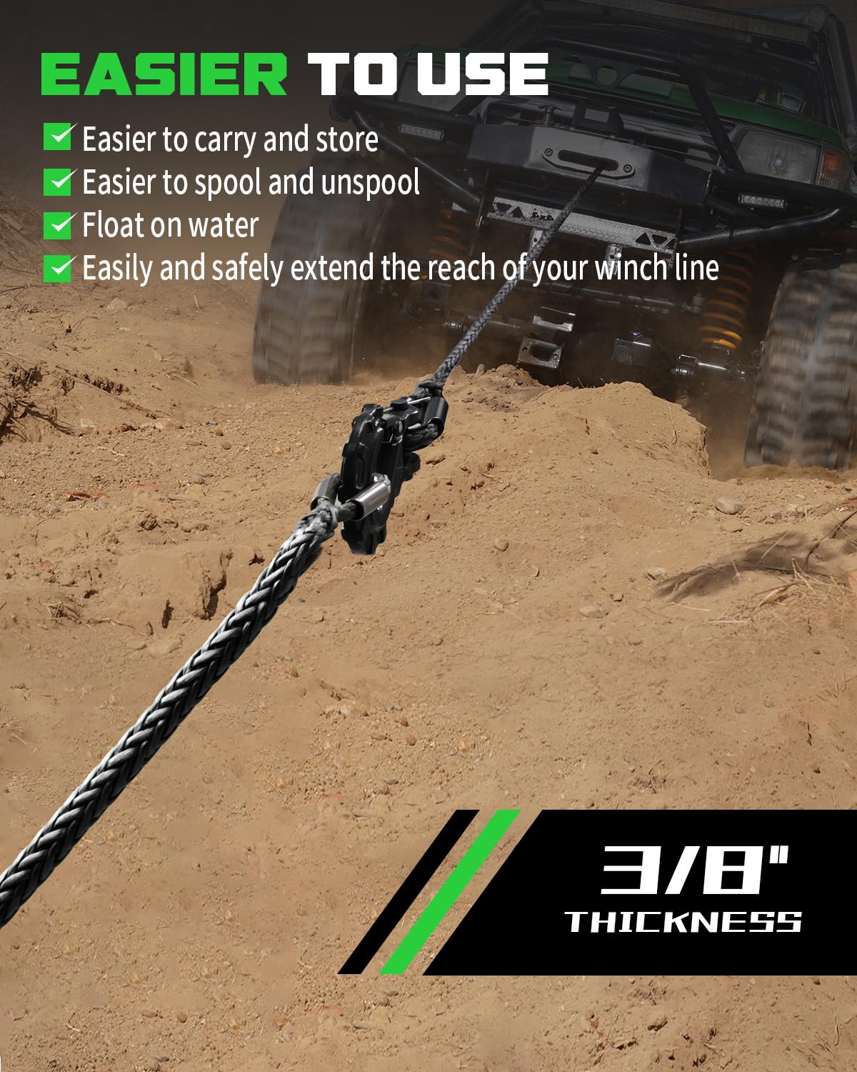 DAYDOOR Seilverlängerung, 1,9 cm x 15,2 m, synthetisches Seil, 12 kg Seilwinde für Geländewagen, ATV, UTV, SUV, Jeep (grau)