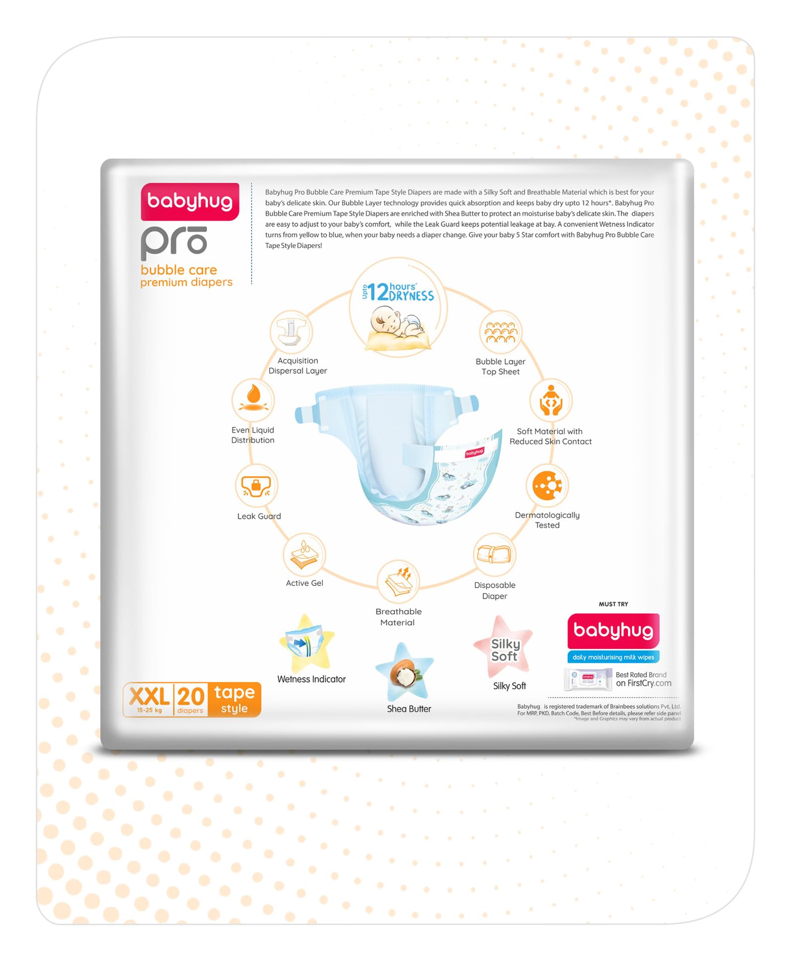 Babyhug Pro Bubble Care Premium Tape Style Diaper Double Extra Large (XXL) Size - 20 Pieces