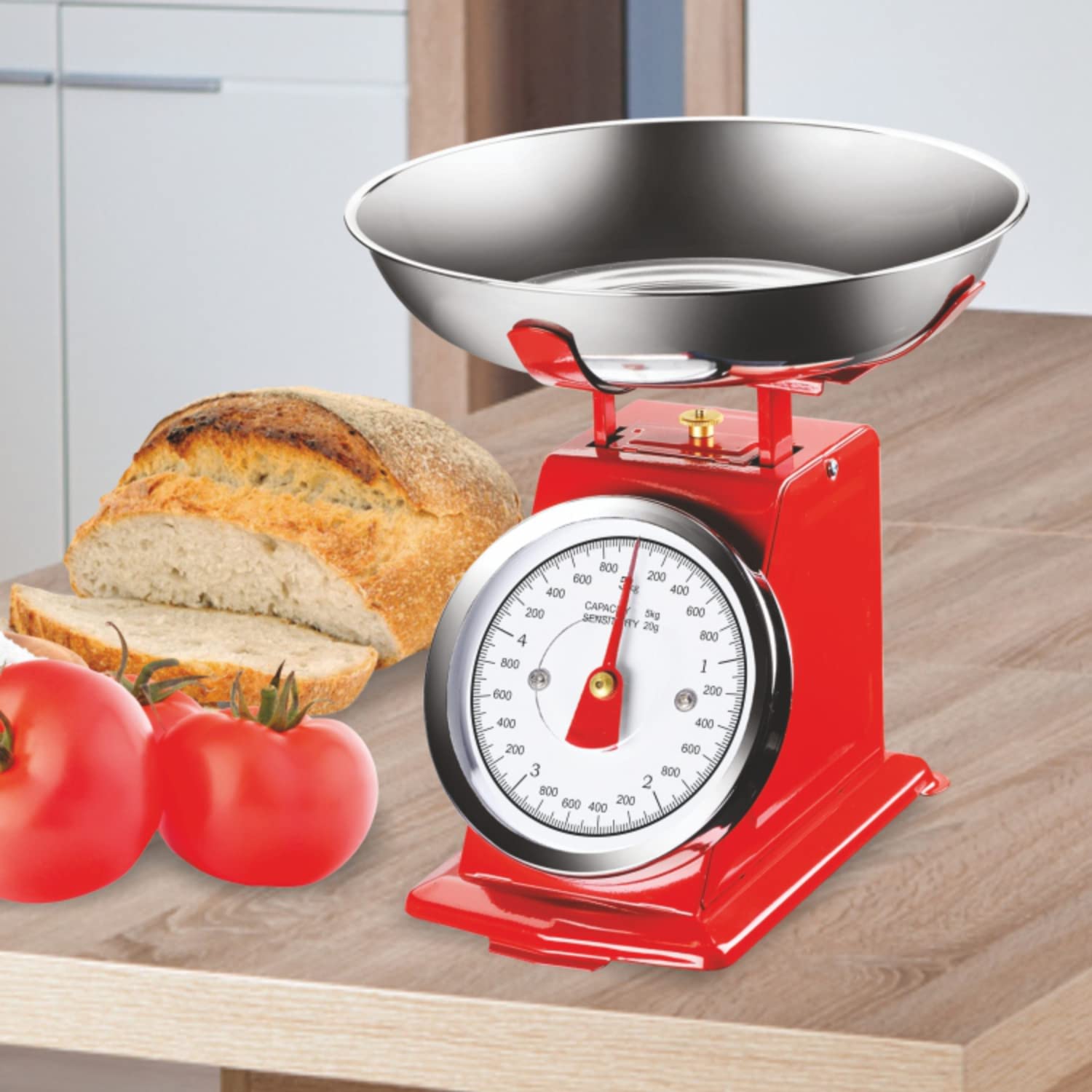 BAKAJI Bilancia Cucina Meccanica Atlas 5kg - Bilancia Analogica In Metallo Con Ciotola, Design Vintage (Rosso) - Foto 14