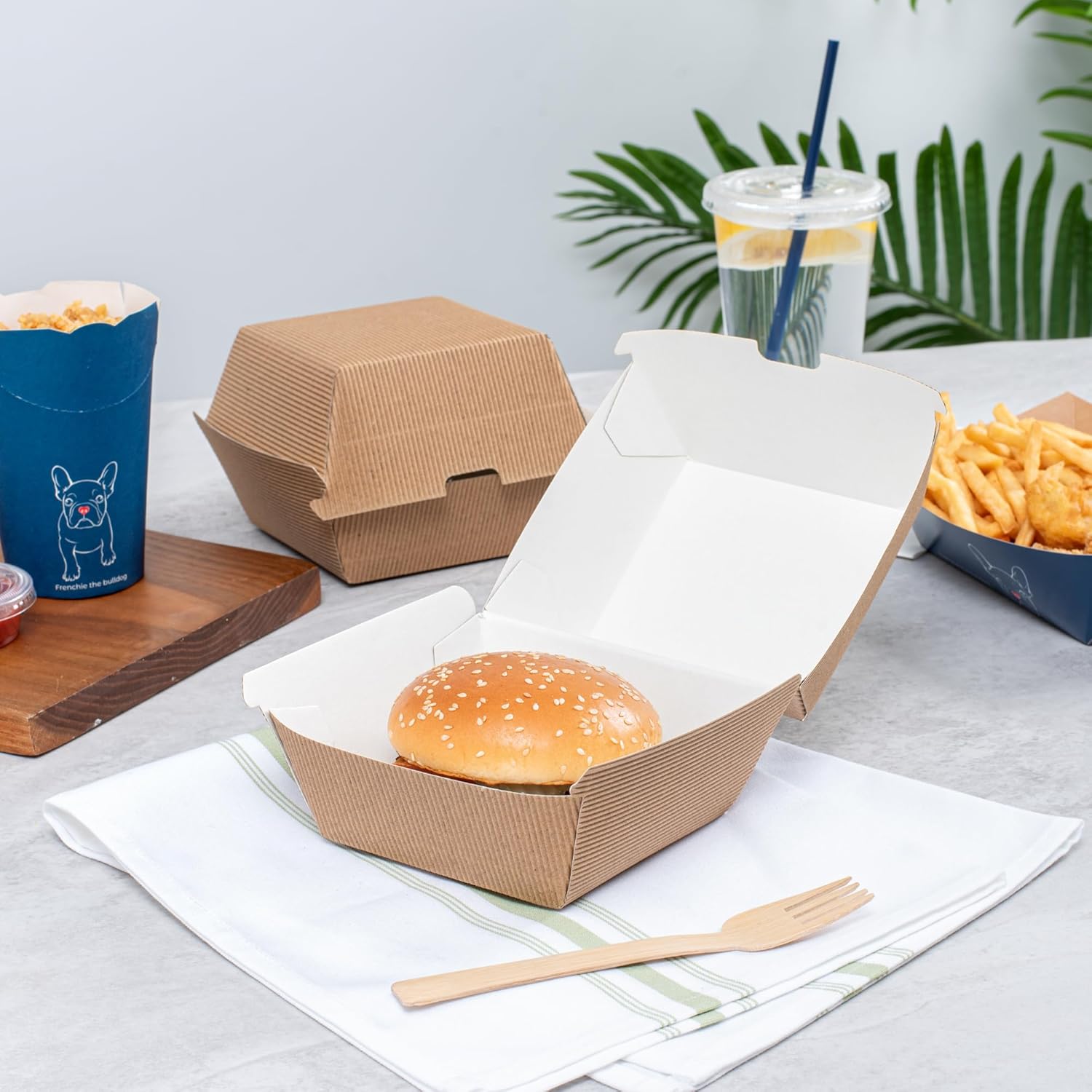Restaurantware 4 x 4 x 3.8 Inch Burger Boxes 100 Clamshell Food Containers - Hinged Lid Disposable Kraft Paper Take Out Boxes Ripple Wall Technology Serve Sliders or Finger Foods