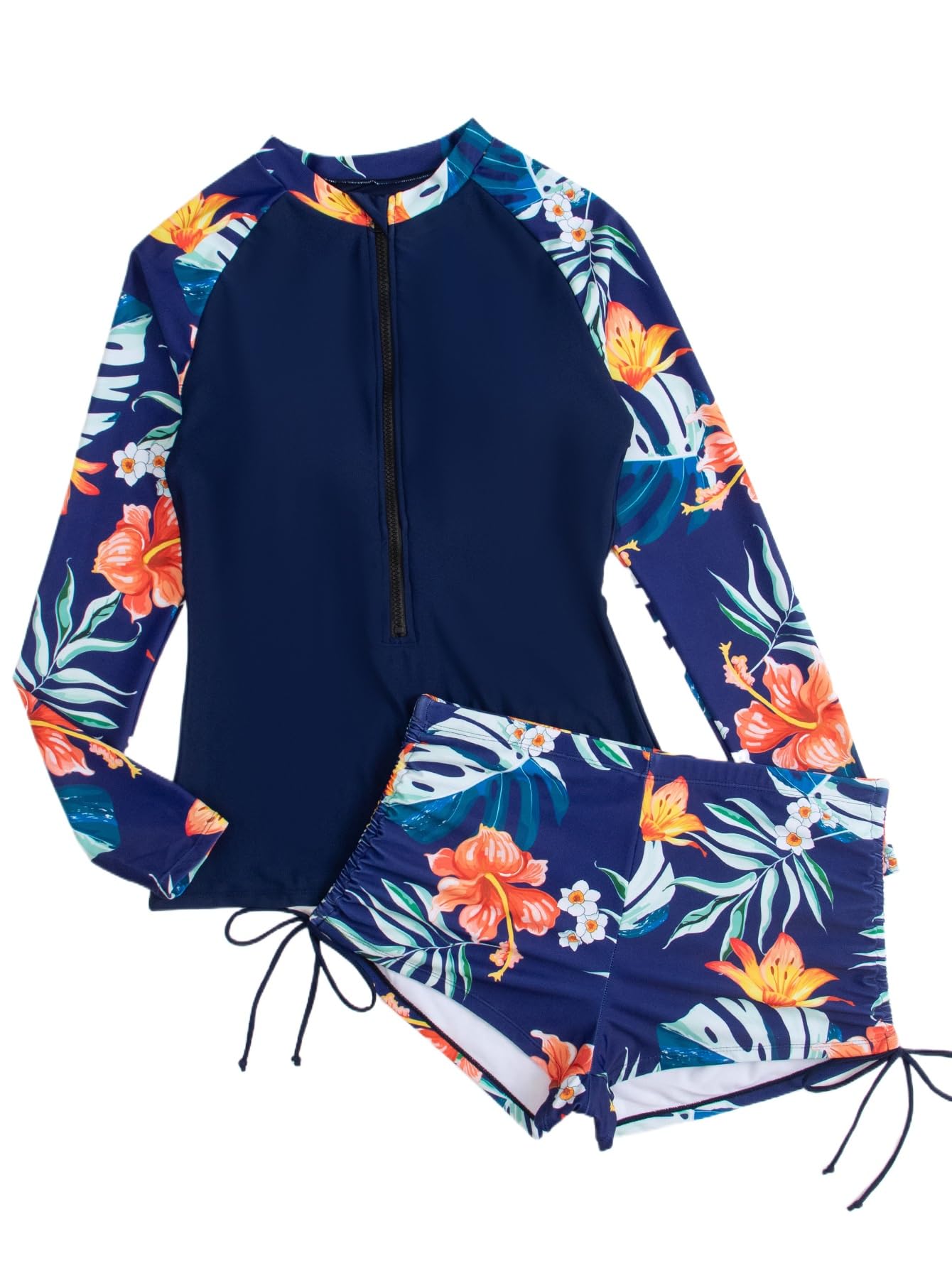 Owntop Camiseta de 2 piezas para mujer, camiseta de natación de manga larga con protección UV UPF 50+, chaleco con cremallera, traje de baño floral con parte inferior de cintura alta, para natación y