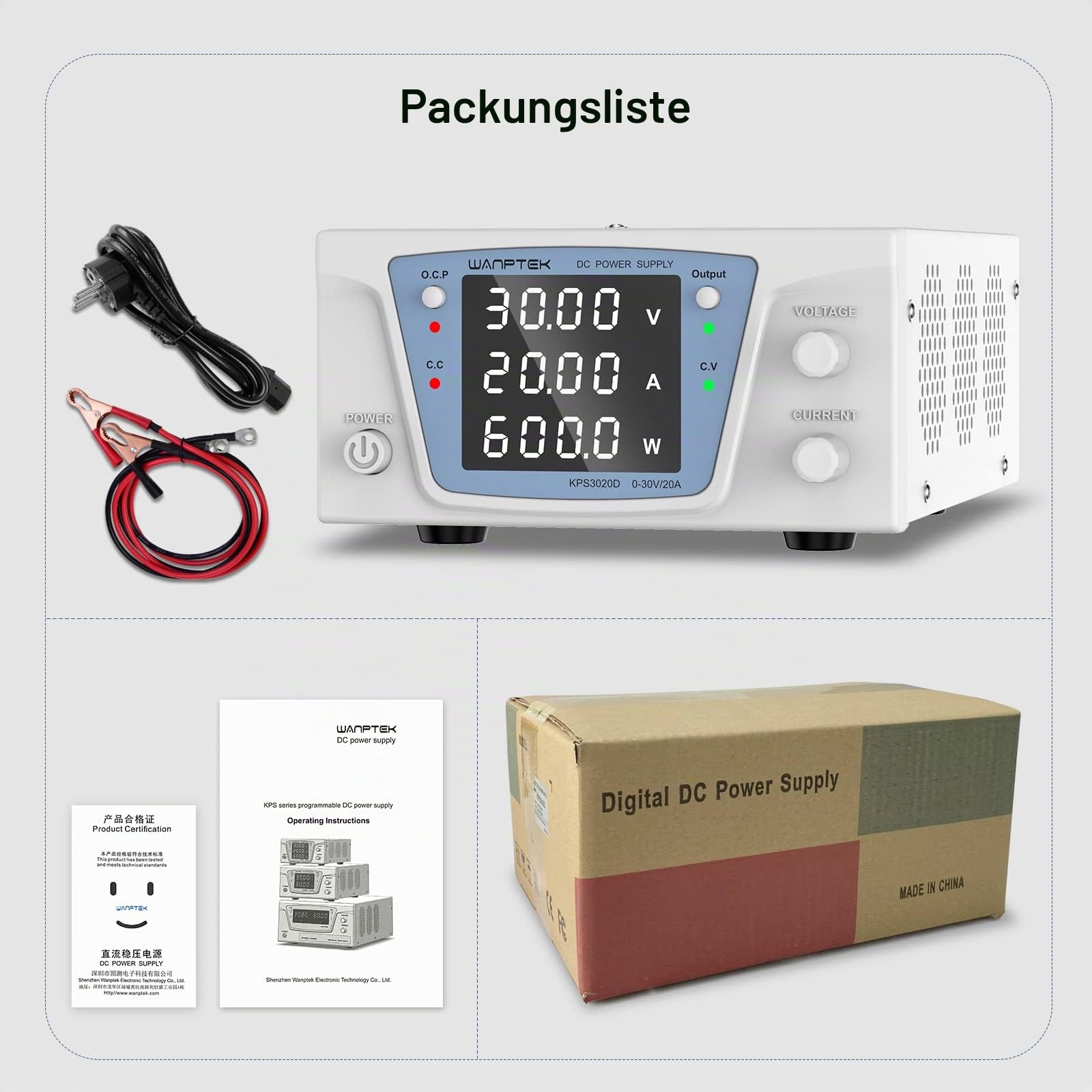 Labornetzteil 0-30V/0-20A 600W mit Output-Taste/Encoder-Knopf/OCP