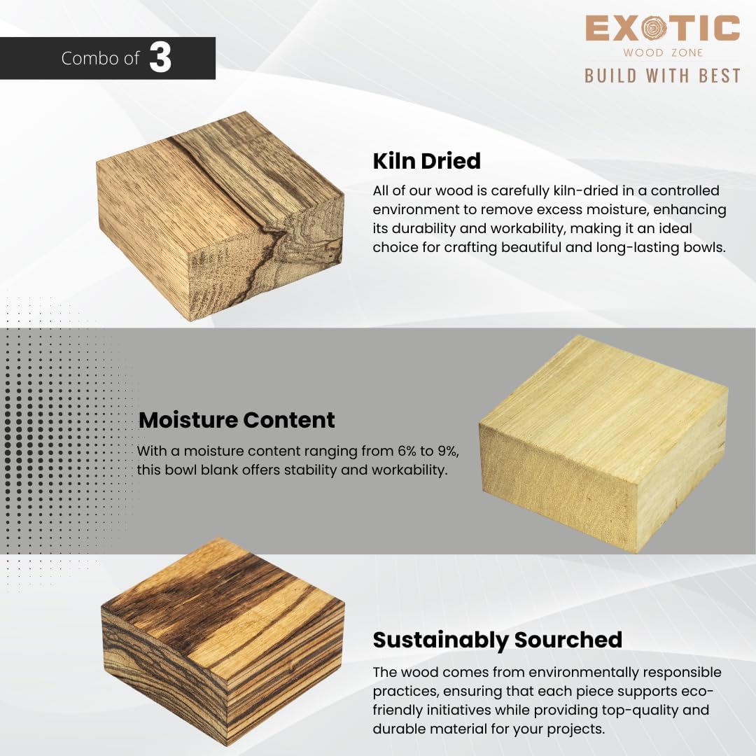 Exotic Wood Zone Kiln Dried Pack of 3 Zebrawood, Black Limba, and White Limba Wood Bowl Blanks for Turning, Carving – DIY Woodworking Enthusiasts, Woodworking and Crafting (8" x 8" x 2")