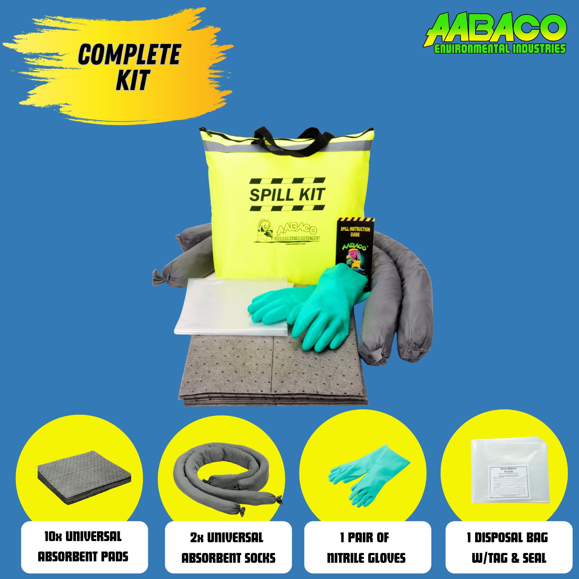 AABACO Kit universal de derrames – Kit de derrames perfecto para camiones – en bolsa portátil de alta visibilidad amarilla – para respuesta a derrames – contención química o aceite – 1 kit