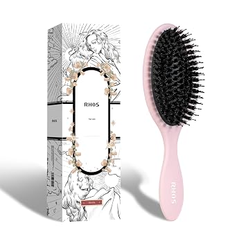Boar Bristle Hair Brush for Women Men Kid with Cushion, Anti Static Paddle Hairbrush Adds Shine and Makes Hair Smooth, Dry and Wet Dual-use, 1 Pack-Pink
