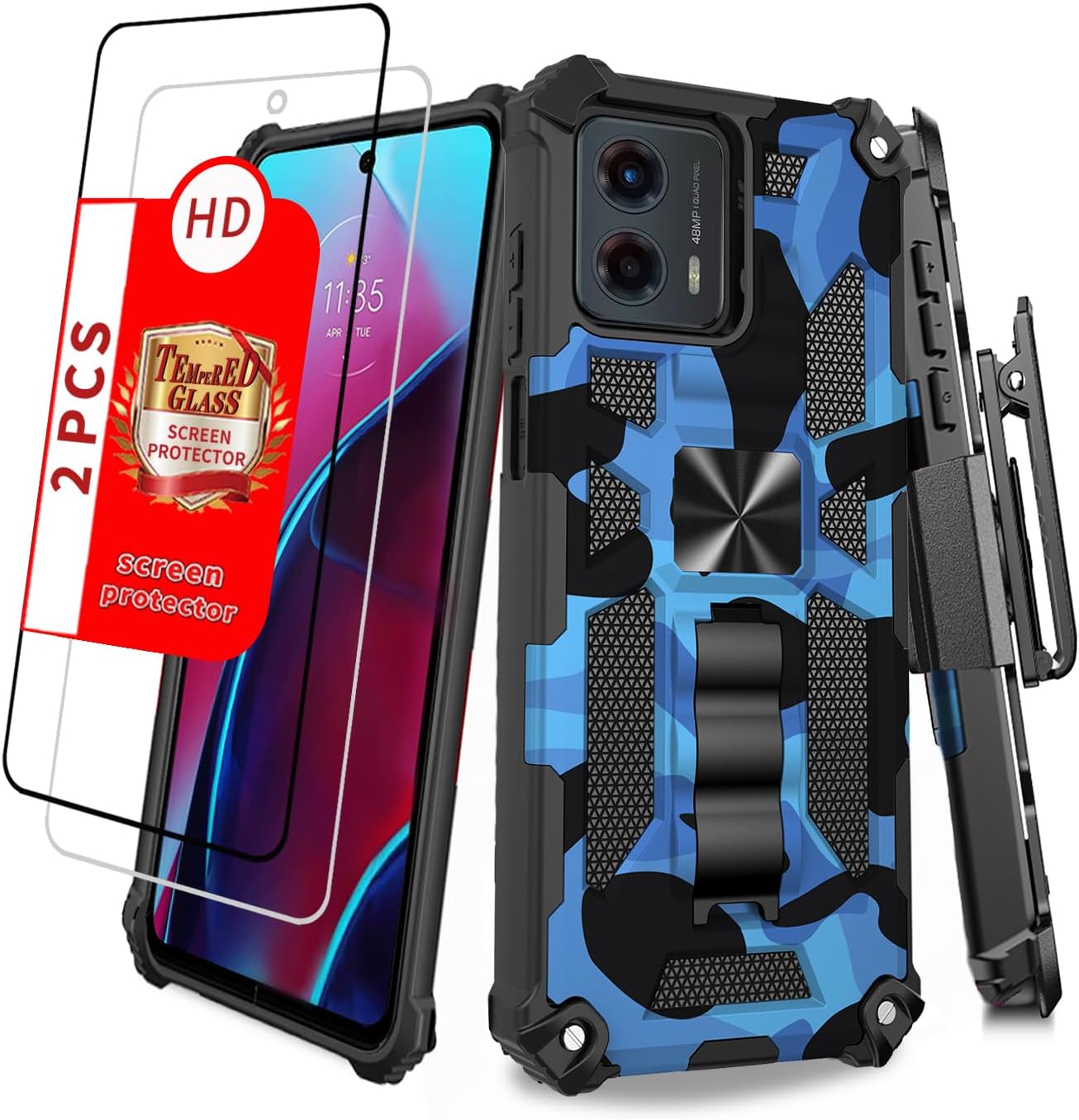 Military Grade Shockproof Phone Case for Moto G 5G 2023 with Screen Protector, Built-in Kickstand, Holster, Belt Clip, and Camouflage Design (Blue Camo)