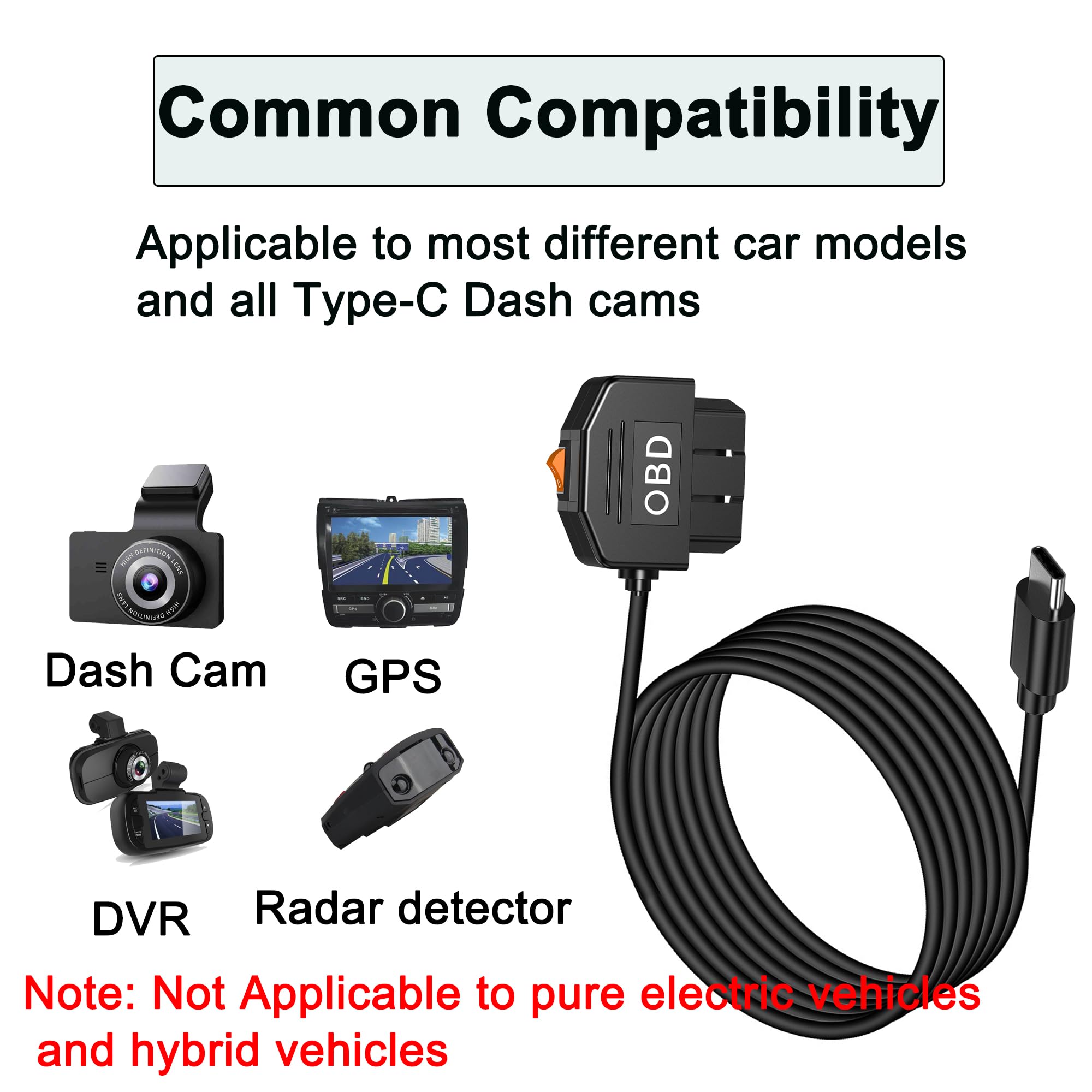 OBD Power Cable for Dash Camera, OBD2 to USB C Adapter, 12-24V to 5V 3A, 24h Parking Mode with Switch, 3.5M