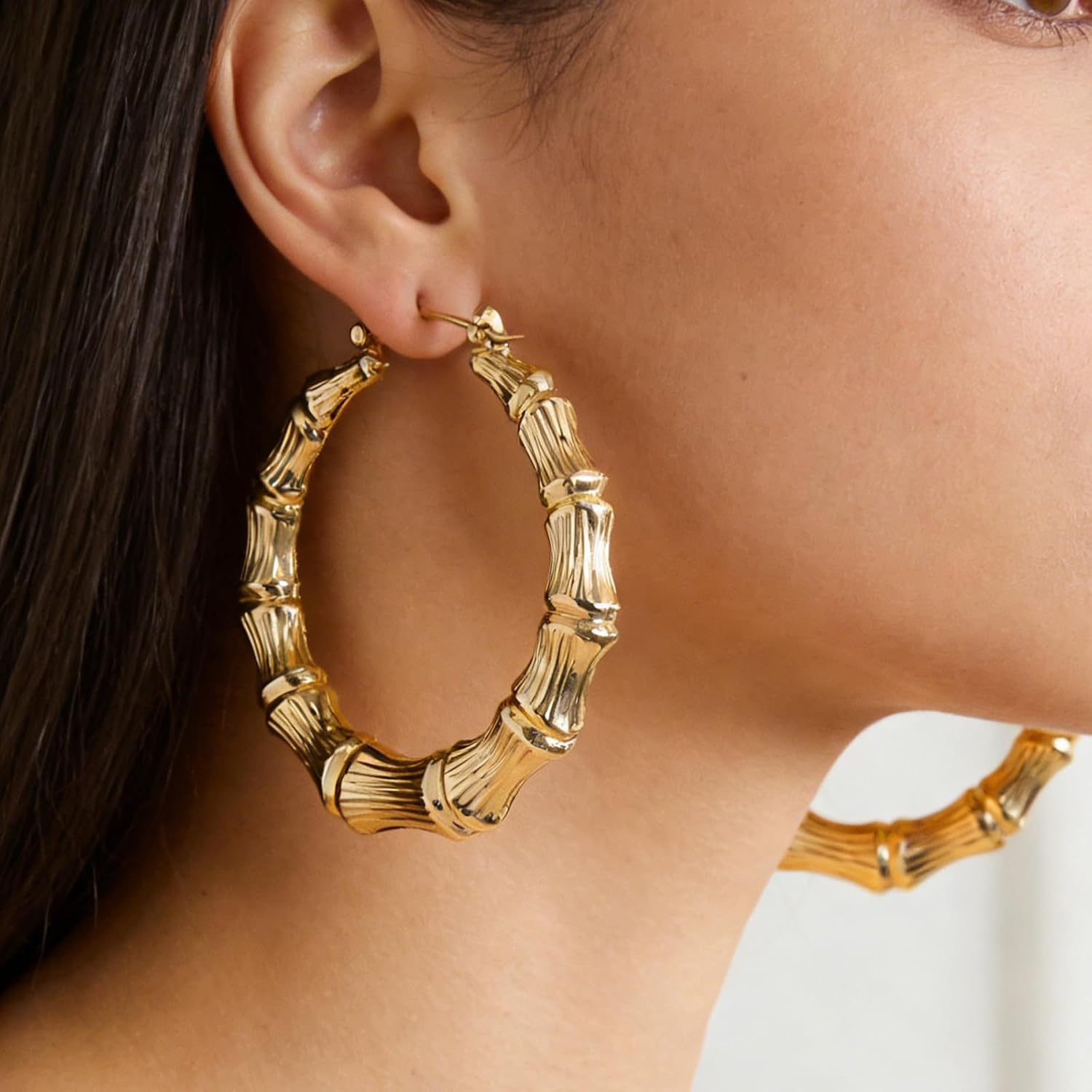 3 Pairs Bamboo Hoop Earrings for Women, Extra Large Statement Retro 80s 90s Hip Hop Fashion Jewelry Lightweight Big Hoop Earrings for Party Everyday Wear
