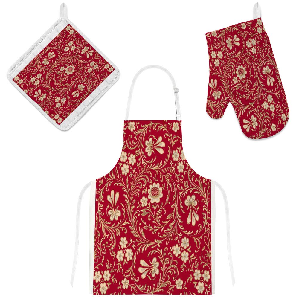 Tablier de cuisine réglable avec gant et manique motif floral doré - Set de 3 pièces étanches