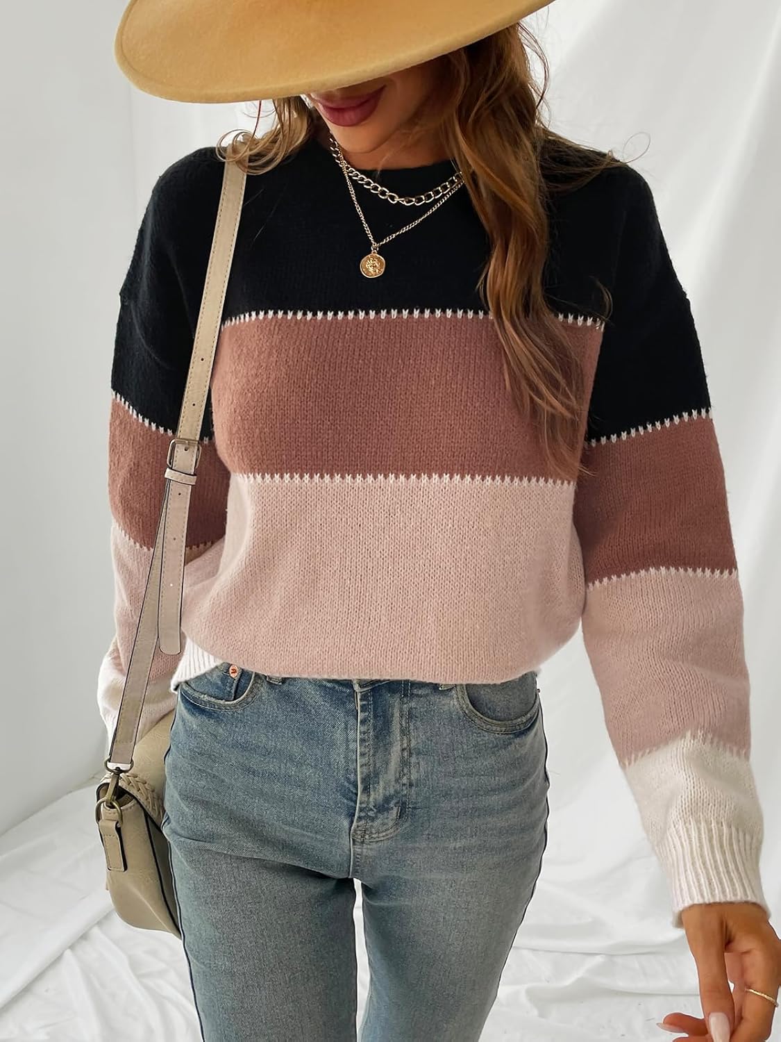 CUPSHE Women's Striped Color Block Sweater Long Sleeve Crewneck Lightweight Pullover Sweater Tops - Image 3