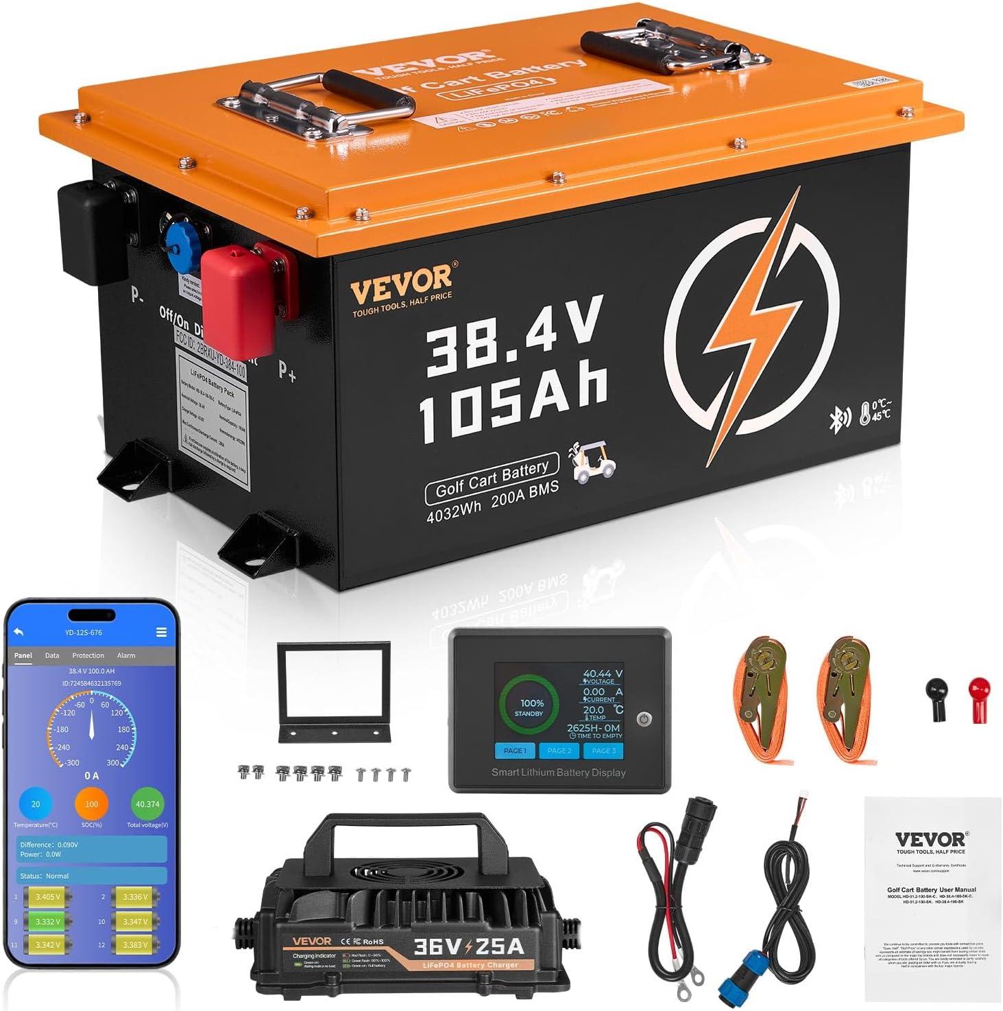 VEVOR 36V/48V 105Ah Golf Cart Lithium Battery, 36/48 Volt Golf Cart Battery with 200A BMS, LCD or Touch Monitor and Mobile APP, LiFePO4 Battery with 600A Peak Current, 4000+ Cycles for Golf Carts