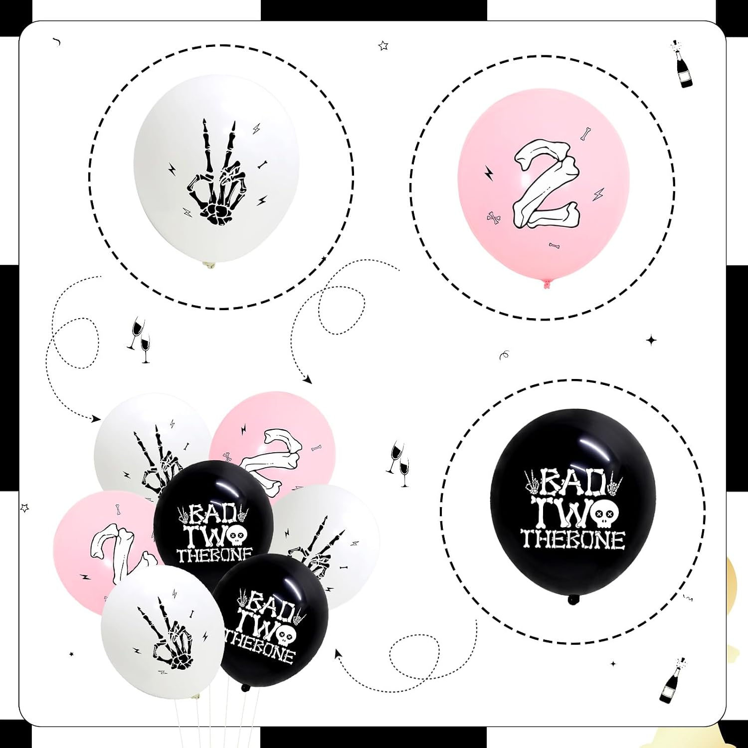 Jollyboom Bad Two The Bone Party Decoration Girl, 40pcs Skeleton Theme 2nd Birthday Decorations Pink Black Print Latex Balloon for Bad 2 The Bone 2nd Second 2 Year Old Birthday Party Decoration