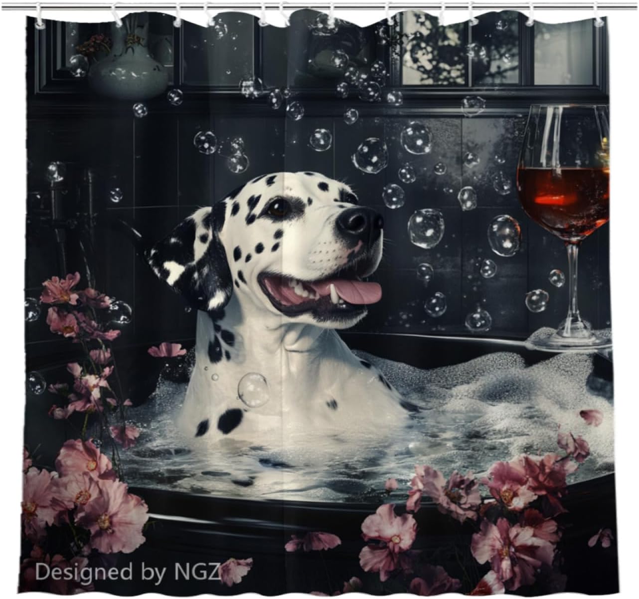 NGZ 72x72 Inche Black Fabric Shower Curtain, Cute Dalmatian with Flowers Shower Curtains for Bathroom, SPA Bubble Bath Covered Bath Curtains Set with Hooks