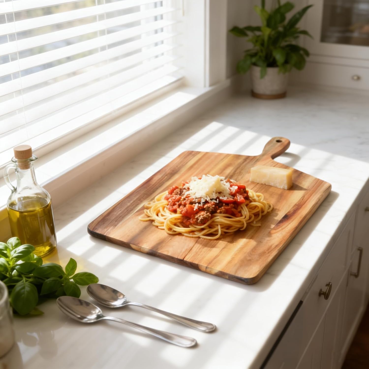 S310 Acacia Wood Cutting Board with Handle, Wooden Chopping Board for Meat, Cheese, Bread & Vegetables, Decorative Charcuterie Serving Board for Kitchen Cooking, Pizza & Party Dining, 17"x13"