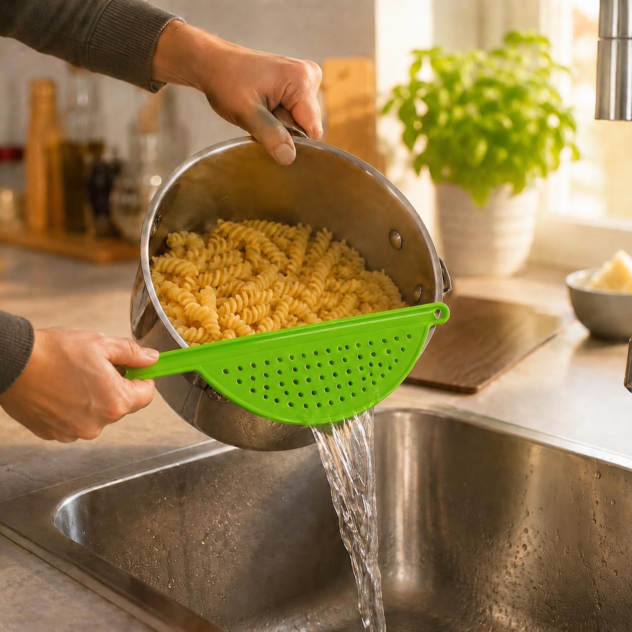 Handy Housewares Handheld Plastic Pot Drainer, Noodle & Pasta Strainer with Handle - Fits up to 9" Pots - Green