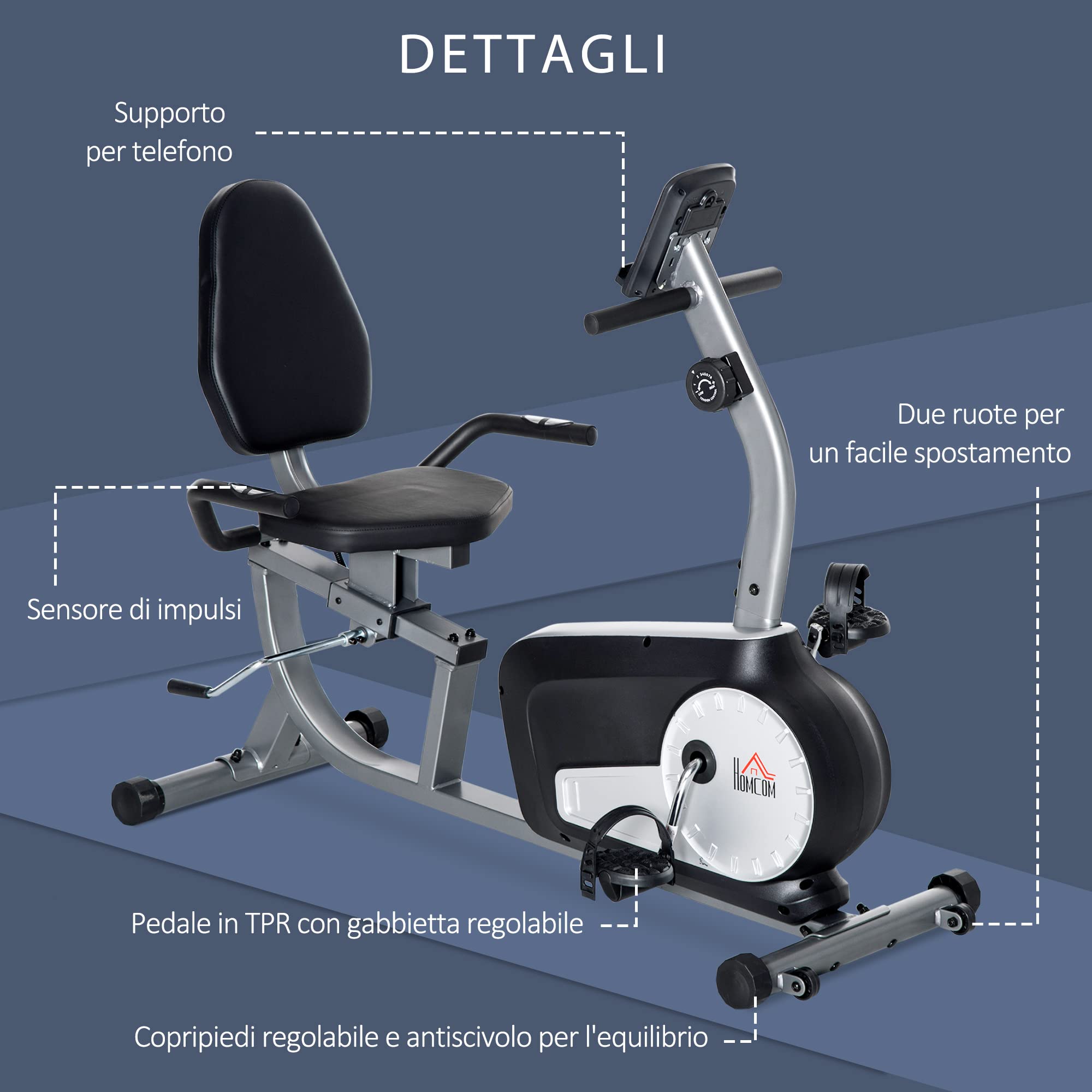 HOMCOM Cyclette da Casa con 8 Livelli di Resistenza, Cyclette Orizzontale Recumbent con Ruote, Monitor LCD e Seduta Regolabile, in Acciaio e ABS, per Home Gym Casa, 122-137x62x103cm
